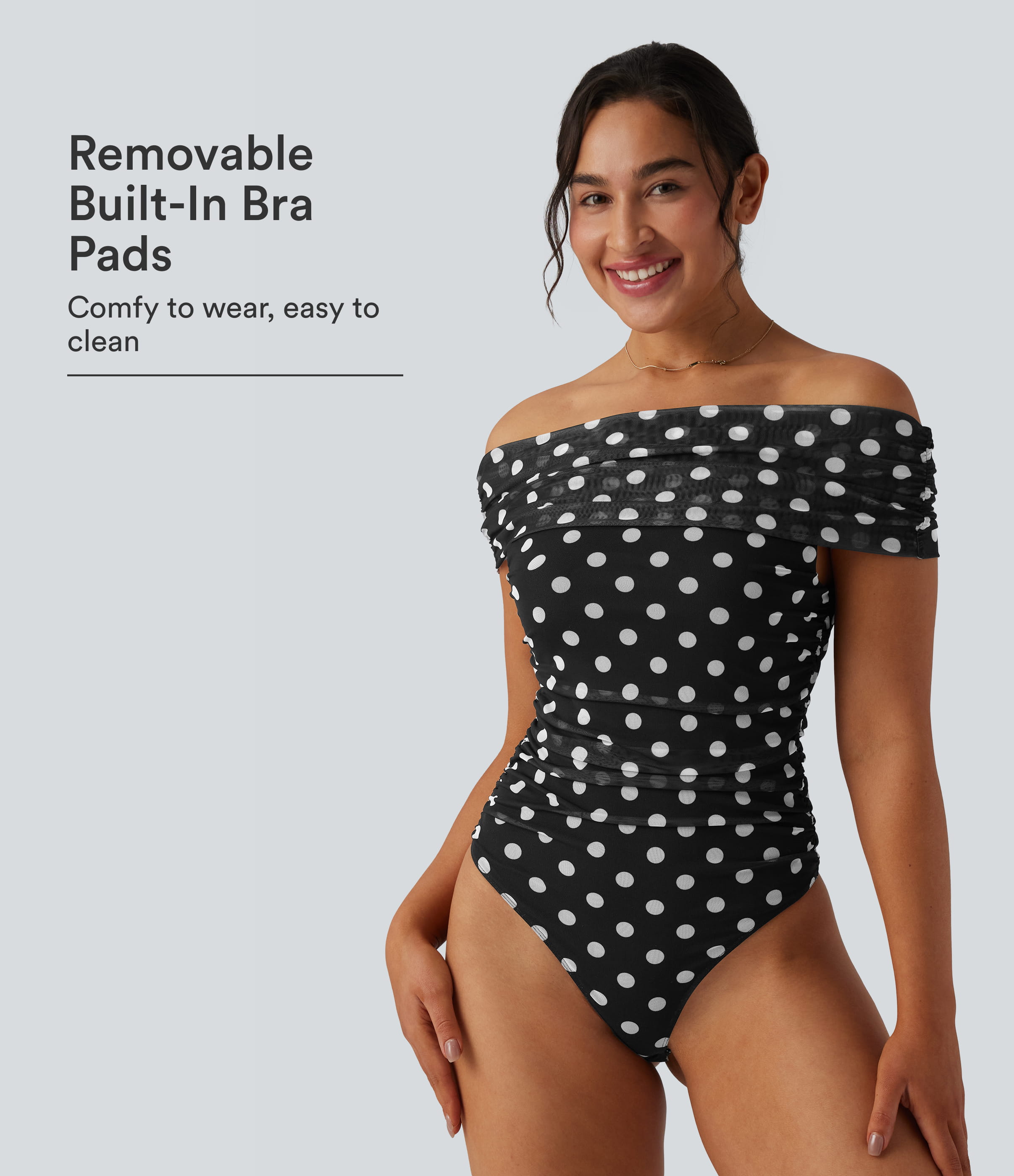 Off Shoulder Polka Dot Mesh Casual Bodysuit