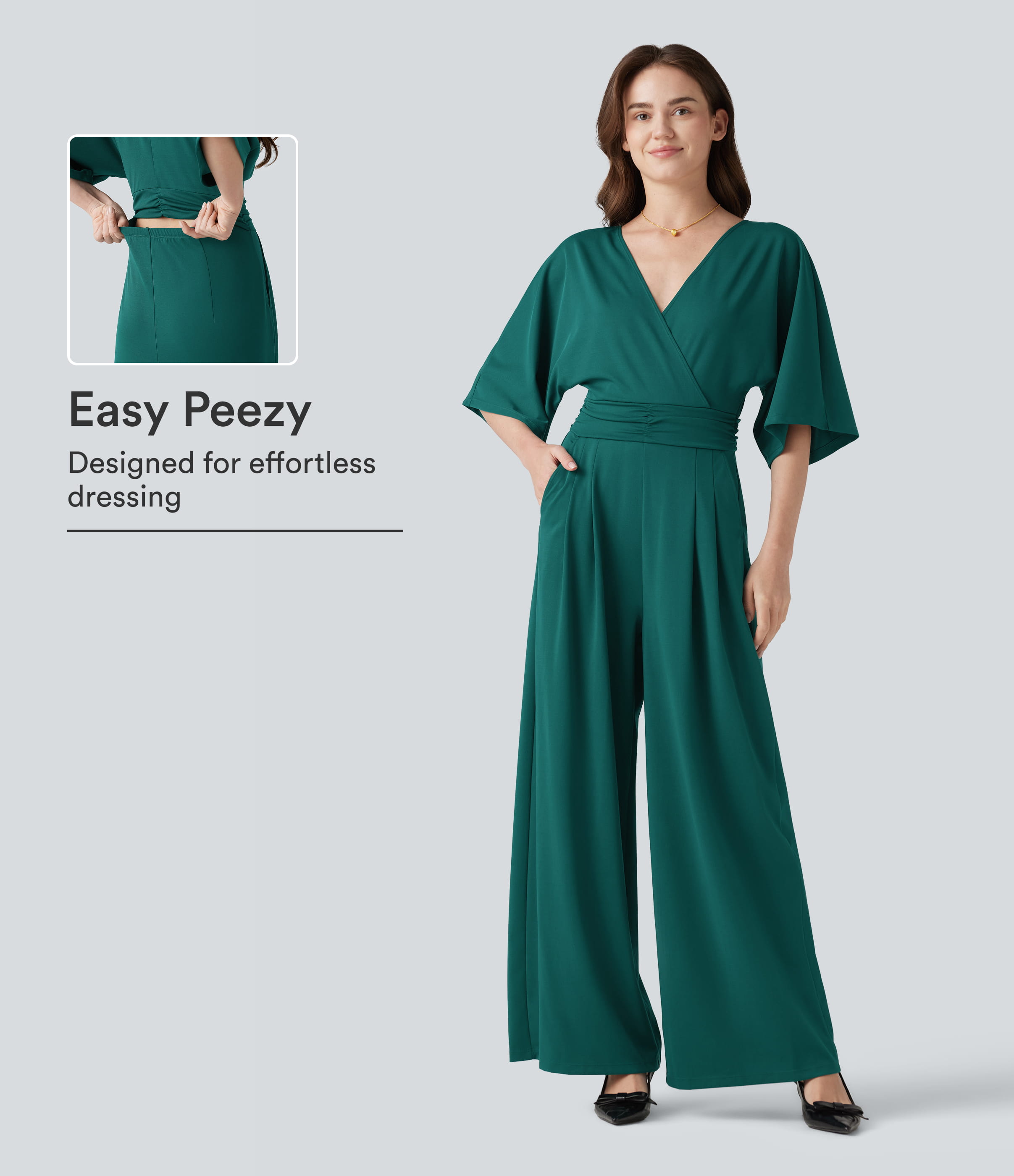 V-neck Half Sleeve Tie-back Work Baggy Jumpsuit with Pockets-Easy Peezy