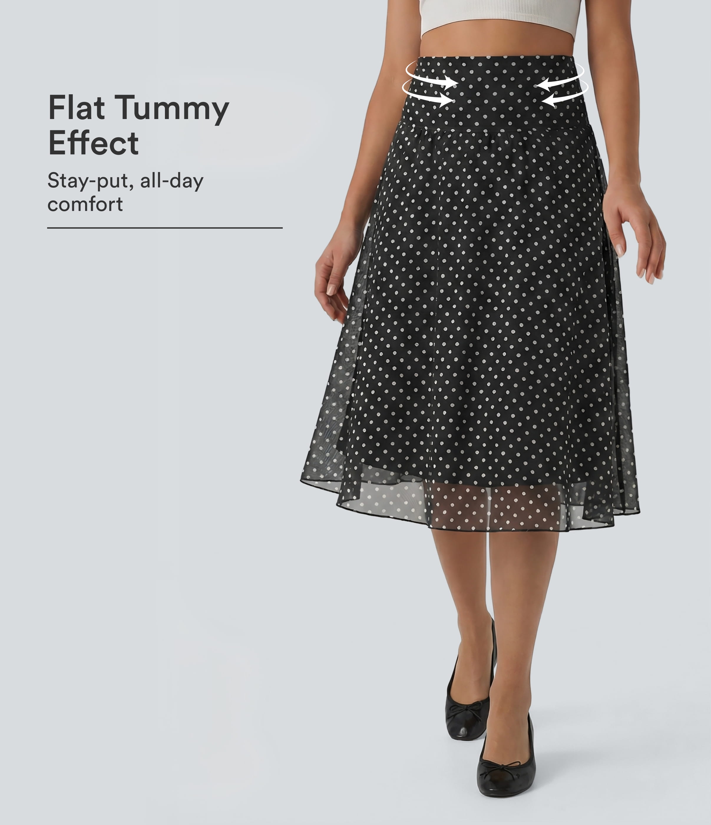 High Waisted Tummy Control Polka Dot Mesh Knee Length Casual Skirt with Pockets