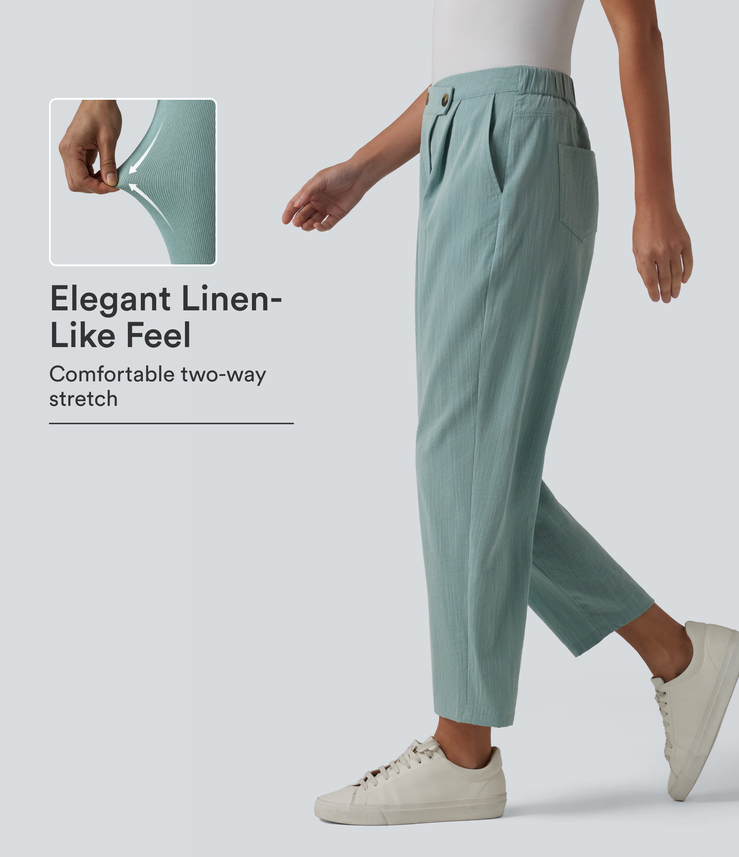 Asymmetric High Waisted Tapered Work Linen-Feel Pants with Pockets