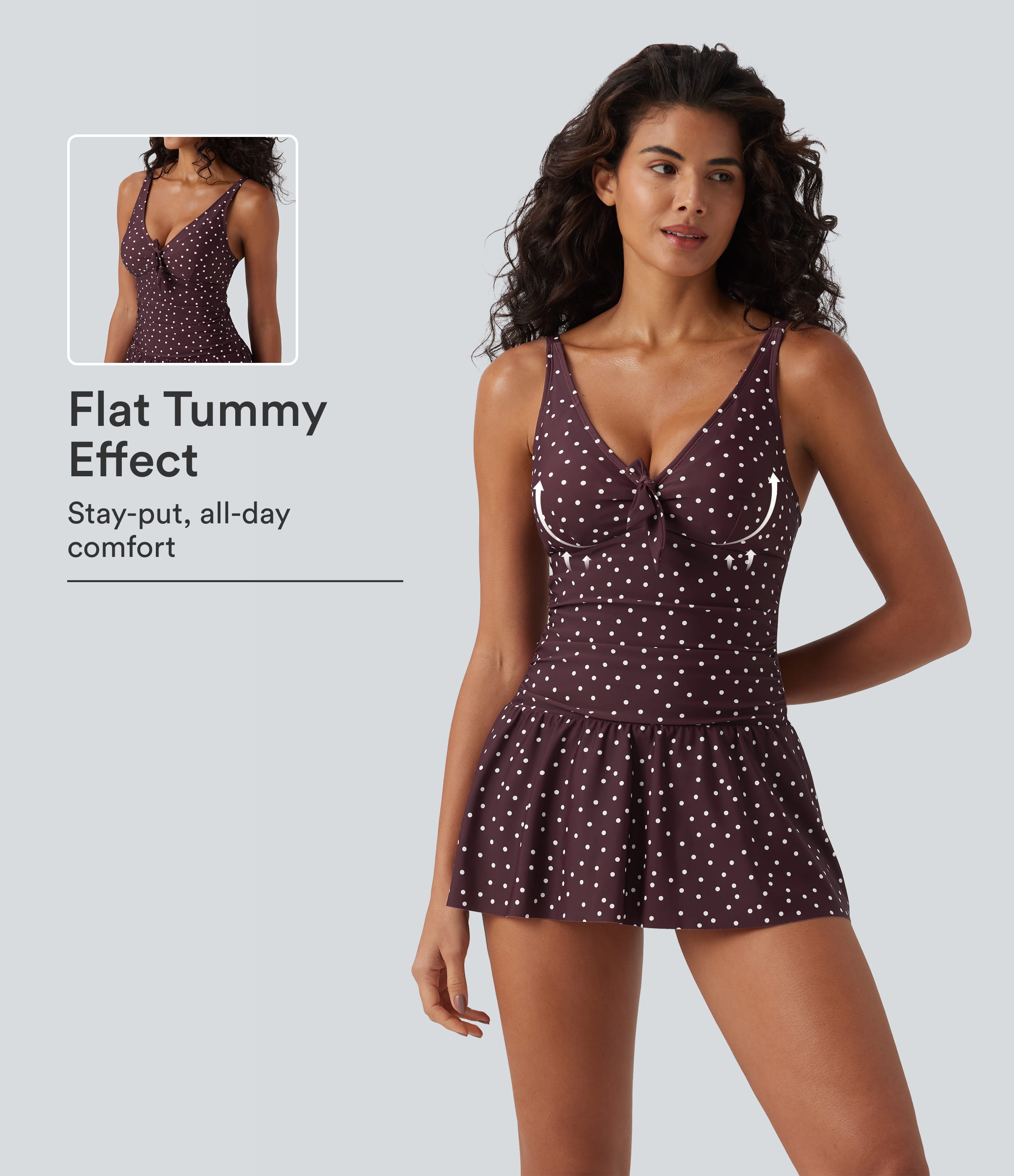 V Neck Push-Up Tie Front Tummy Control 2-in-1 Polka Dot One-Piece Swimsuit