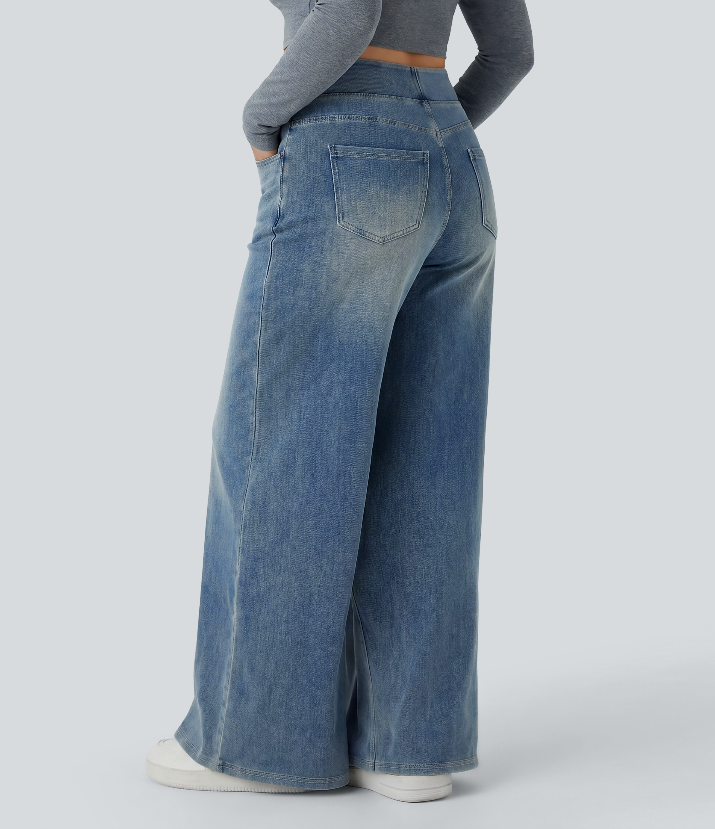 Blue Gray Denim Halara Flex™ jeans de talle alto con bolsillos, corte holgado y pierna ancha, lavado, casual, tallas grandes / 2