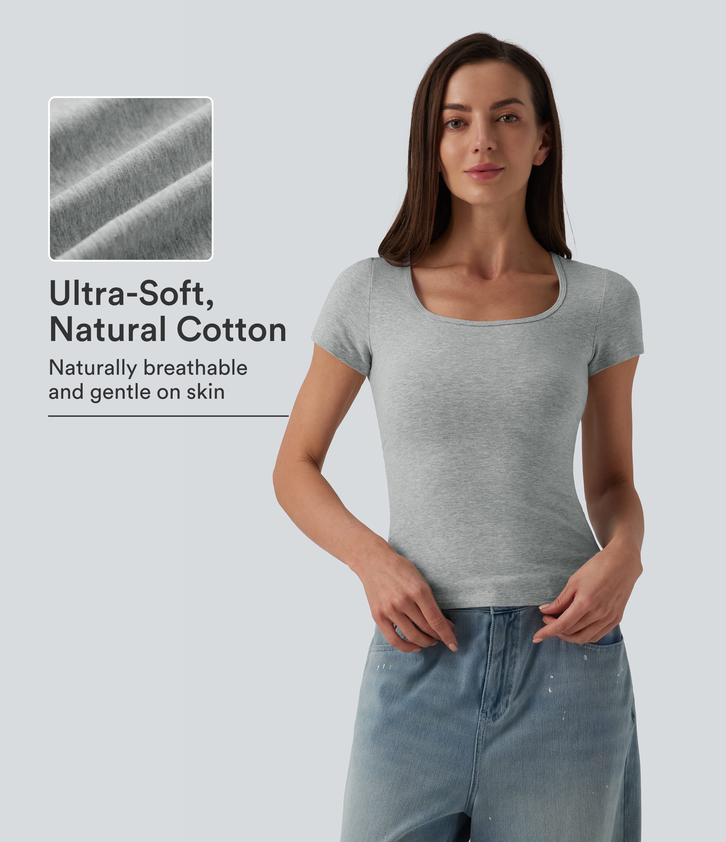 Halara Cotton Jersey Square Neck Short Sleeve Ultra-slim Heathered Casual T-Shirt