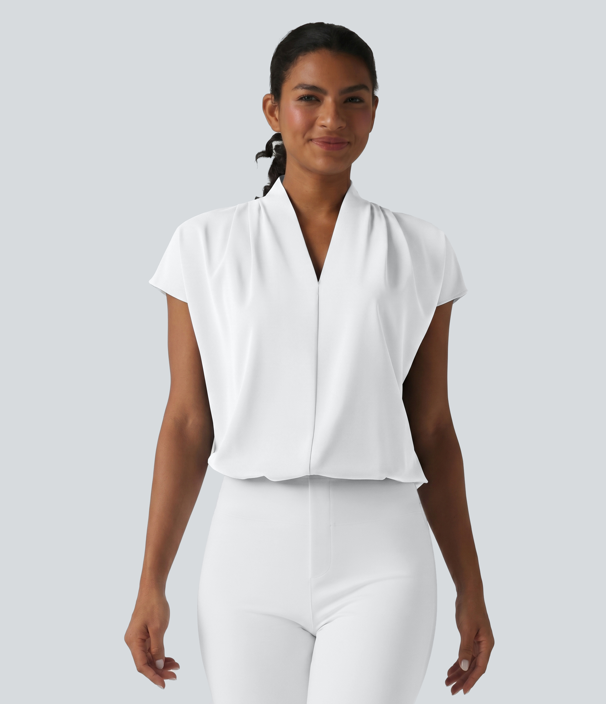 Wrinkle-resistant V-neck Batwing Sleeve Loose Fit Work Blouse