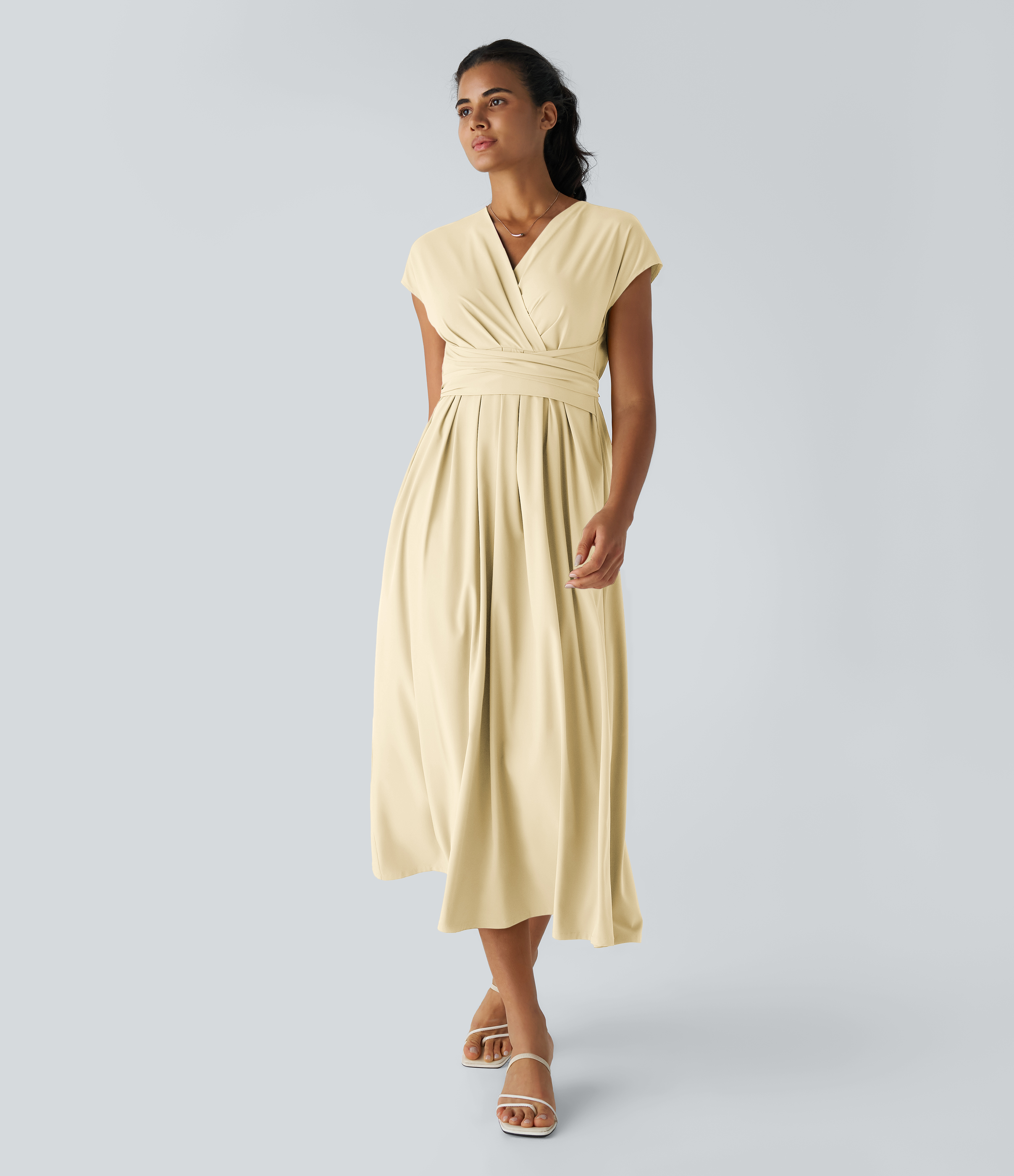 Breezeful™ V Neck Short Sleeve Pocket Tie Back Quick Dry Midi Casual Dress-Longer Length