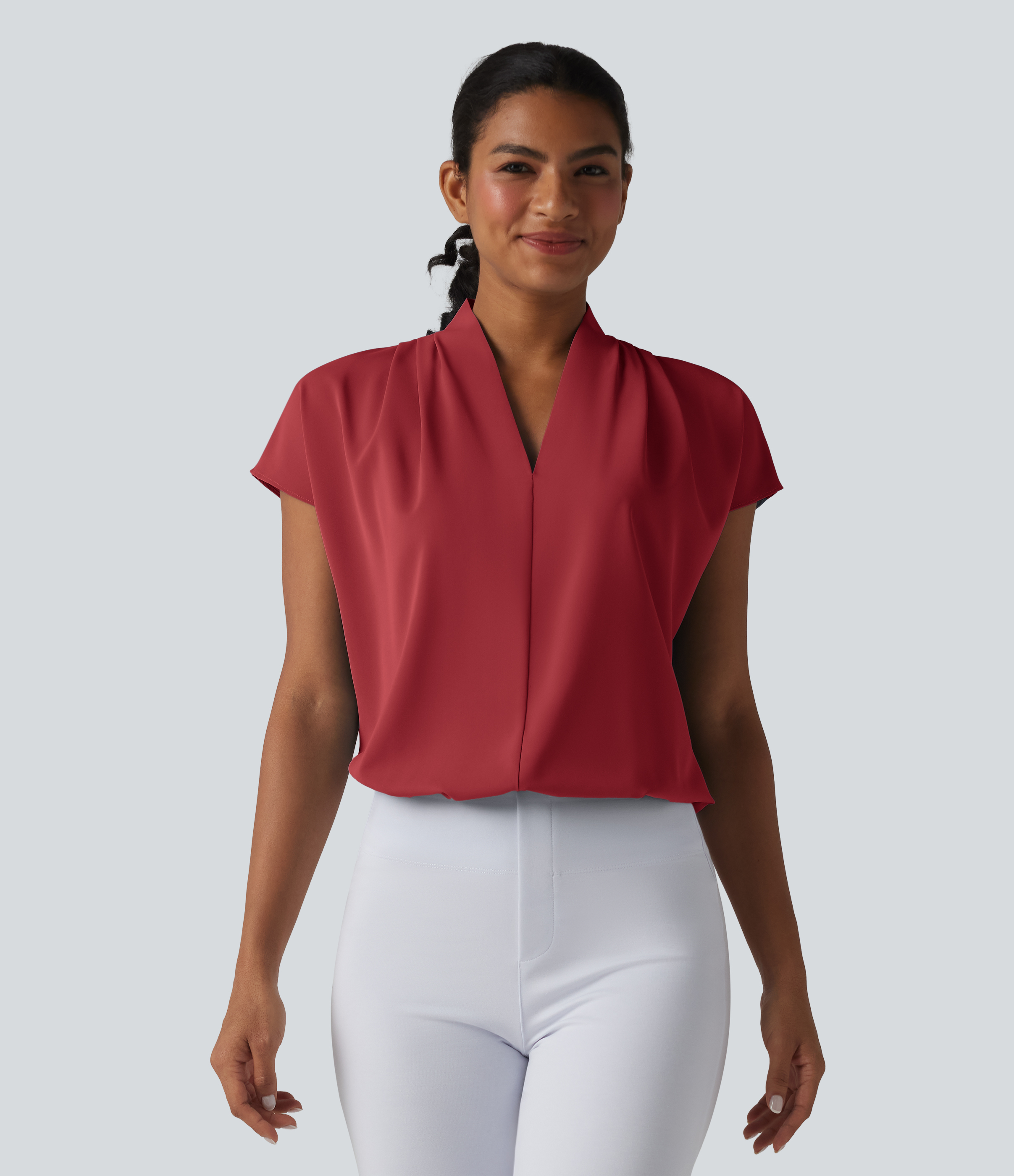 Wrinkle-resistant V-neck Batwing Sleeve Loose Fit Work Blouse