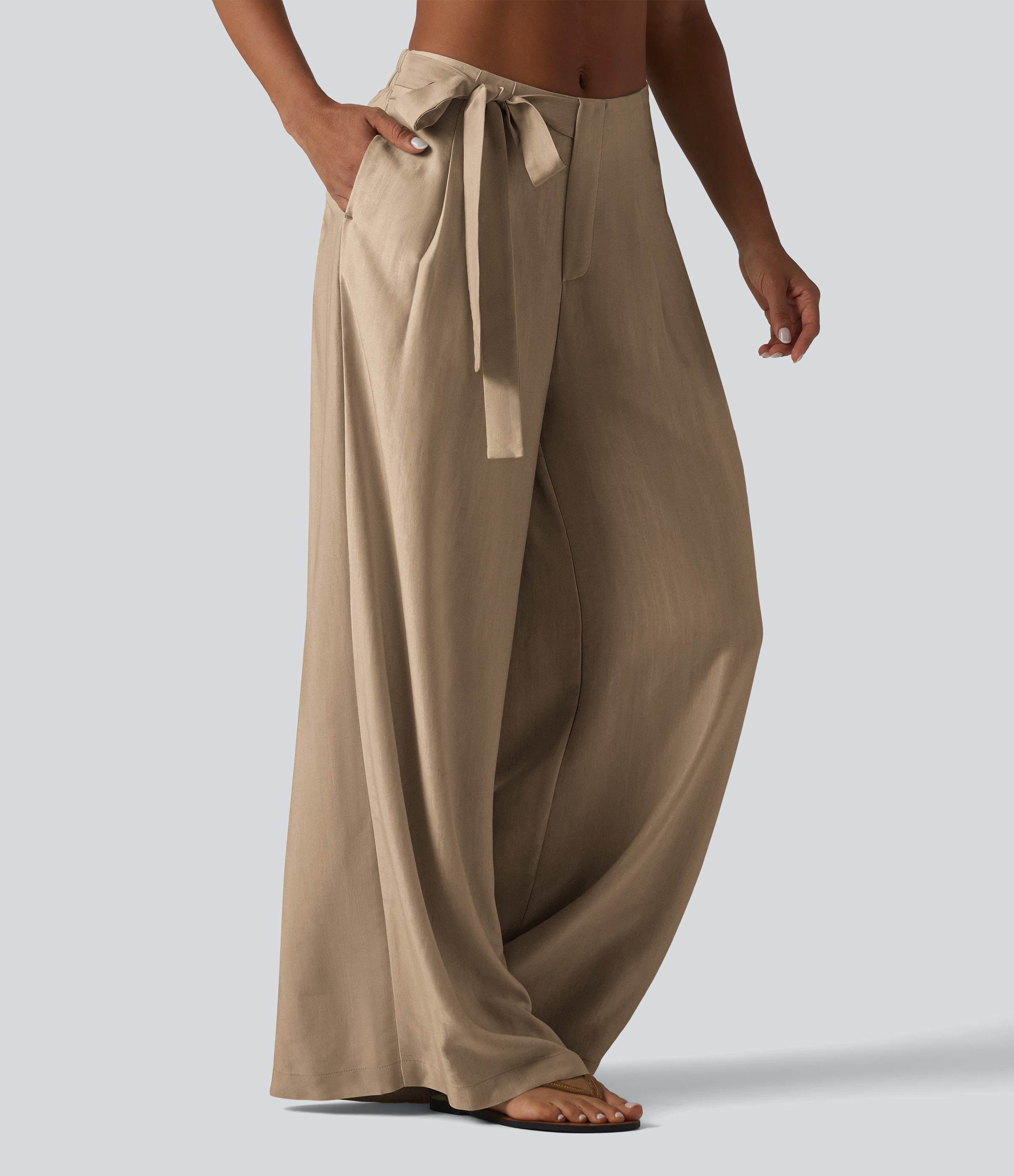 Pantalon large fluide taille haute en lin mélangé avec poches et liens latéraux