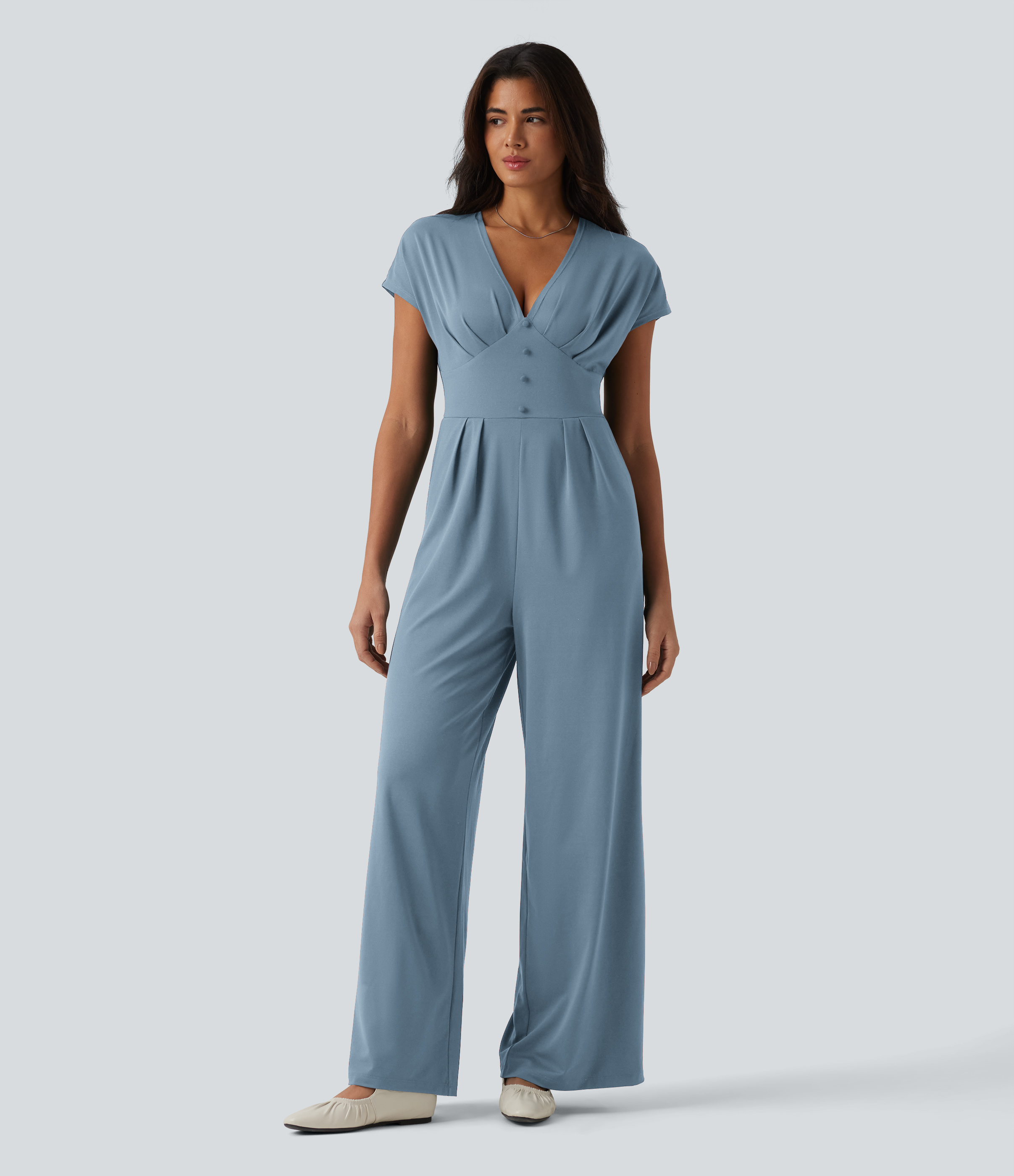 V Neck Short Sleeve Wide Leg Casual Jumpsuit with Pockets-Easy Peezy Edition