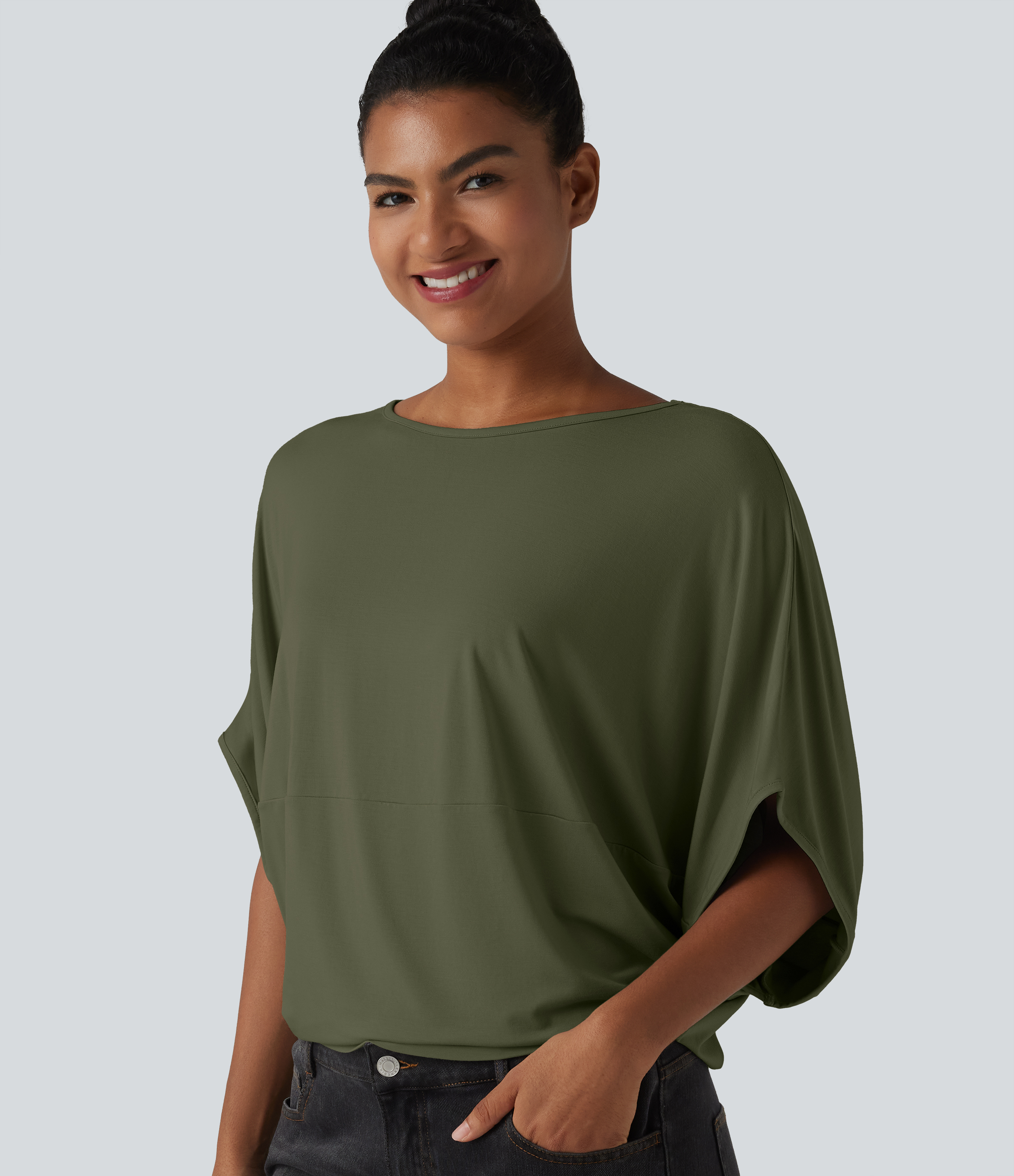 Round Neck Batwing Sleeve Relaxed Casual Top