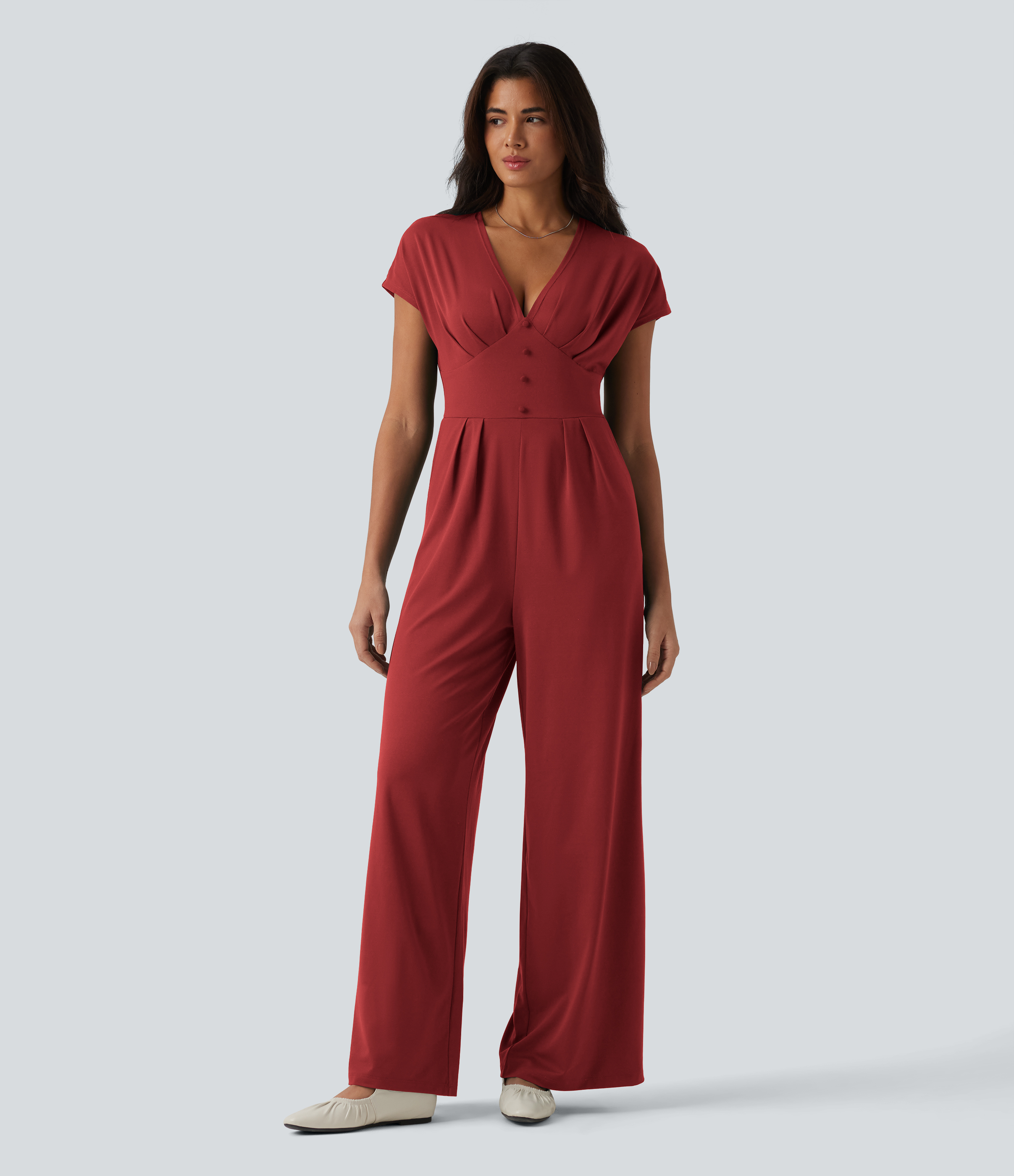 V Neck Short Sleeve Wide Leg Casual Jumpsuit with Pockets-Easy Peezy Edition