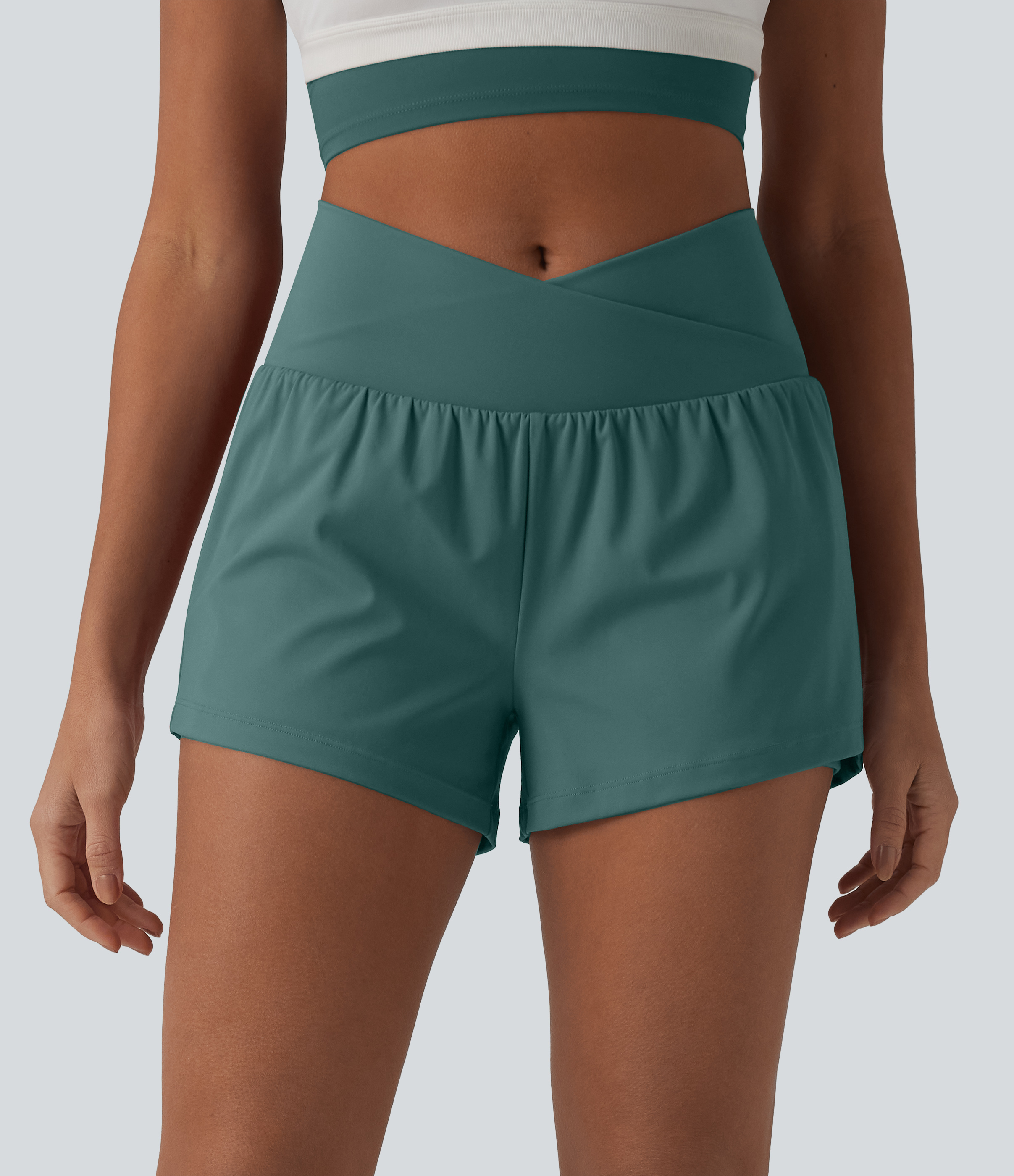 SoftlyZero™ Airy Crossover High Waisted 2-in-1 Cool Touch Yoga Shorts 3'' with Pockets