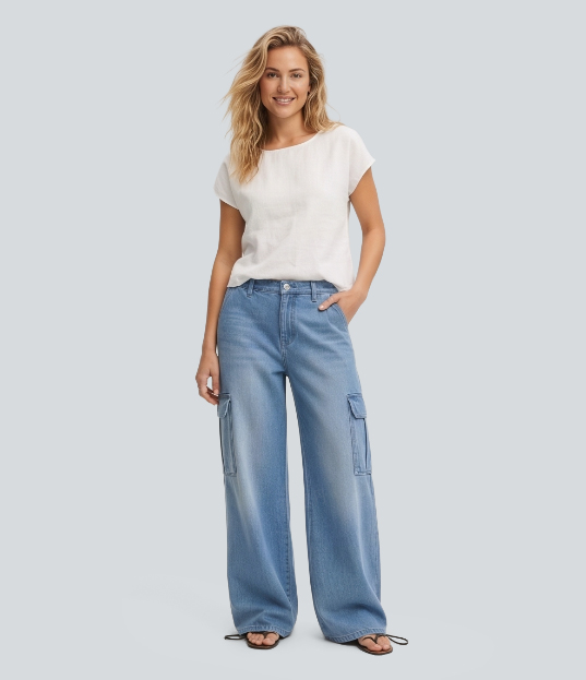 Mid Rise Baggy Casual Jeans with Pockets