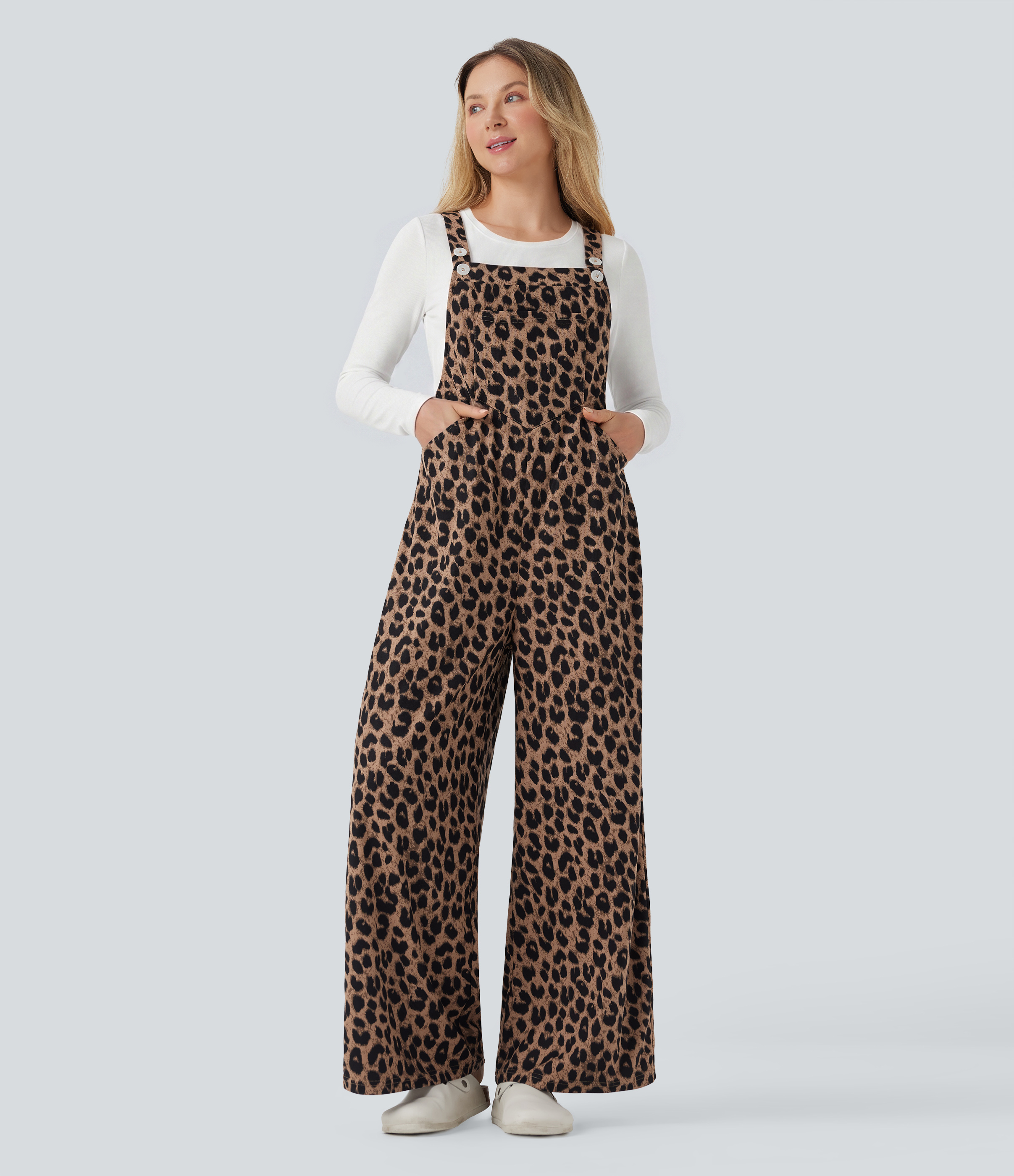 Leopard Print Waffle Women Casual Overalls with Pockets