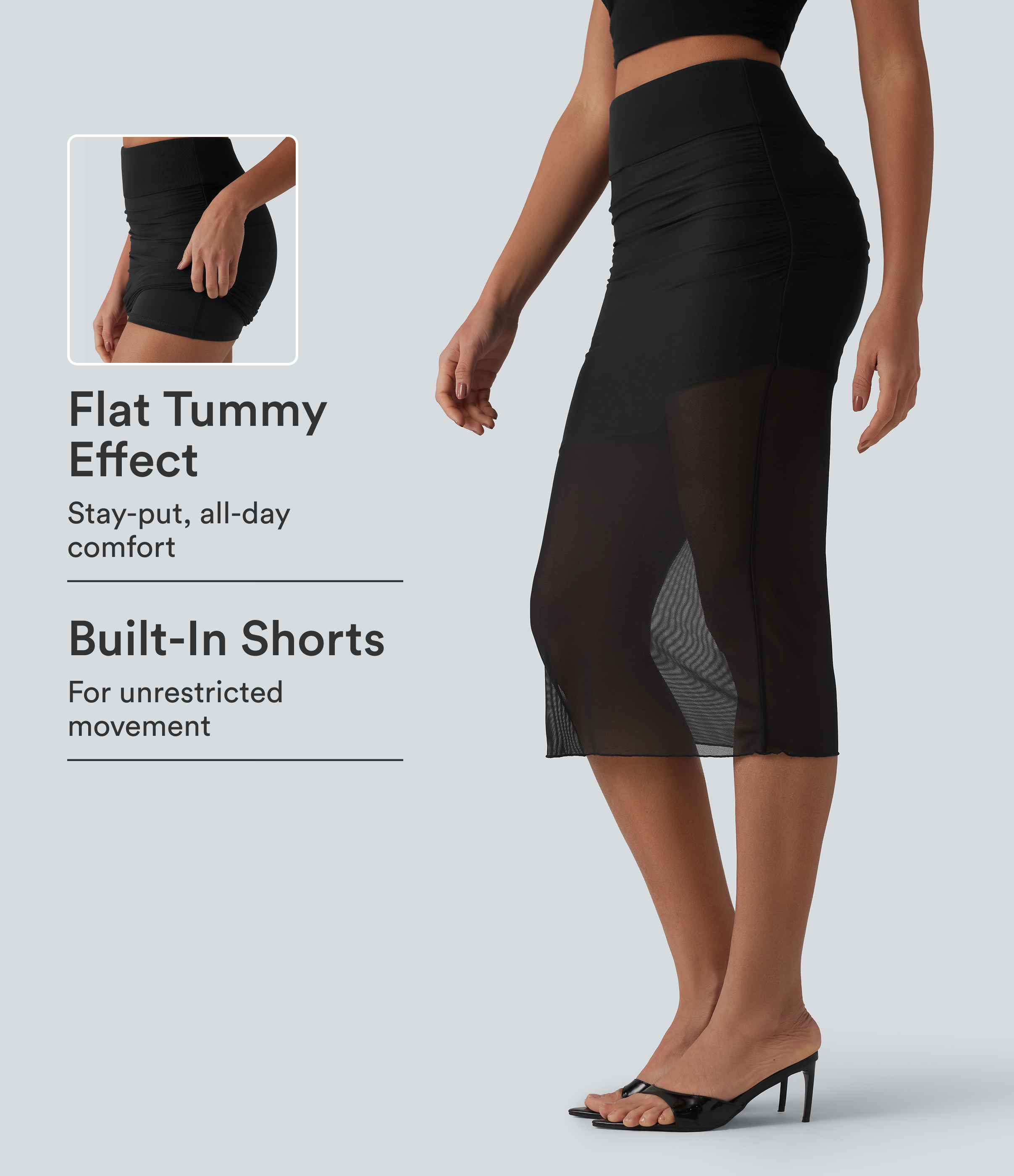 High Waisted Tummy Control 2-in-1 Mesh Bodycon Midi Casual Skirt