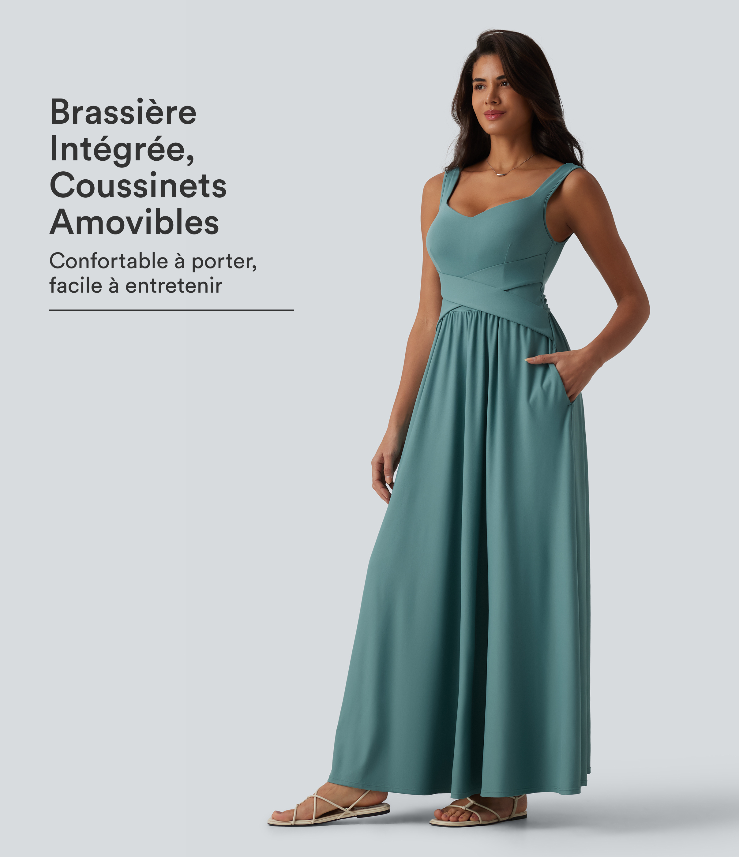 Robe longue fluide sans manches avec brassière intégrée (Bonnets E-G) et poches