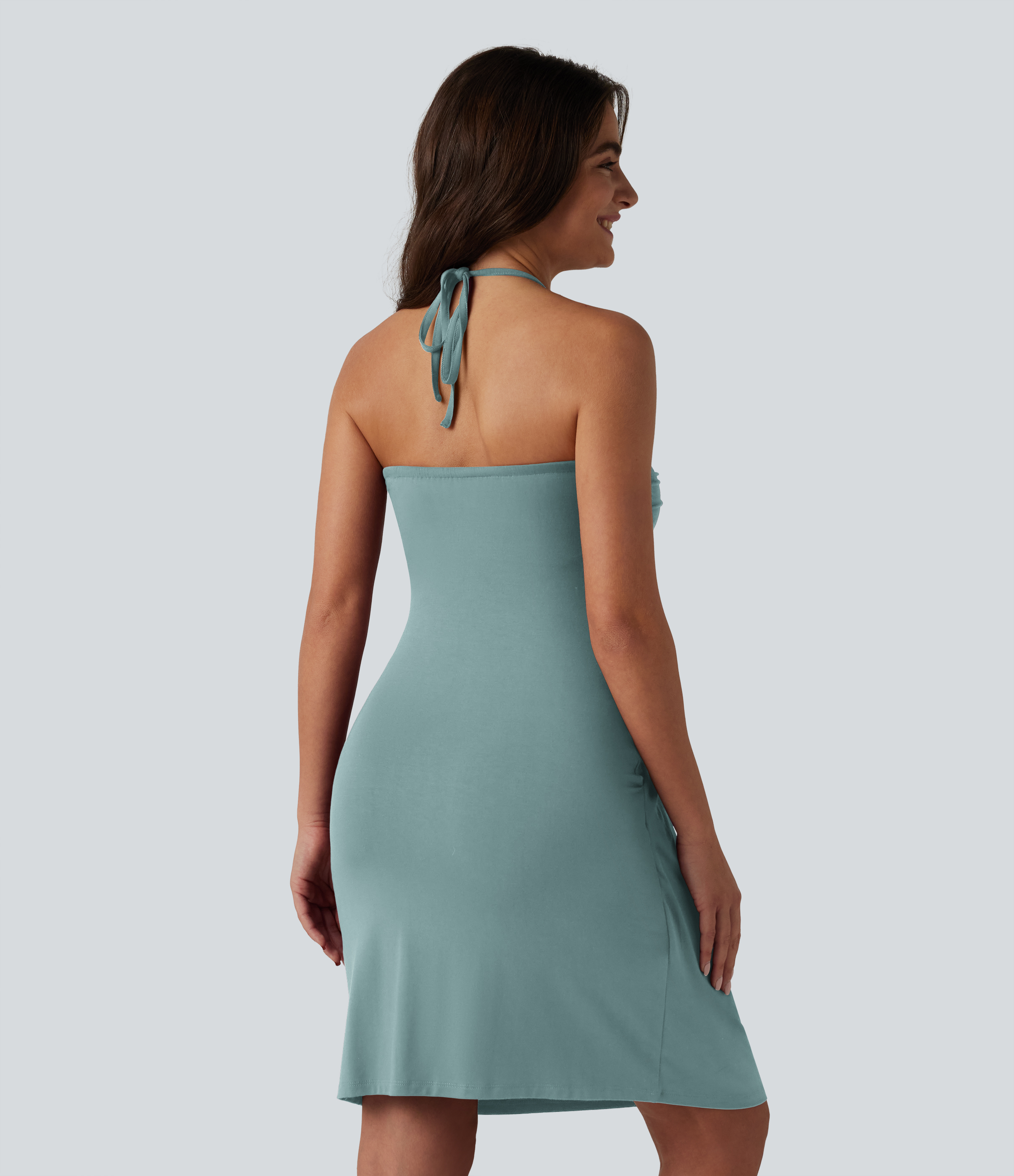 halara halter dress Women's Tie Back Built-in Bra Longer Mini with Pockets Halara clothing