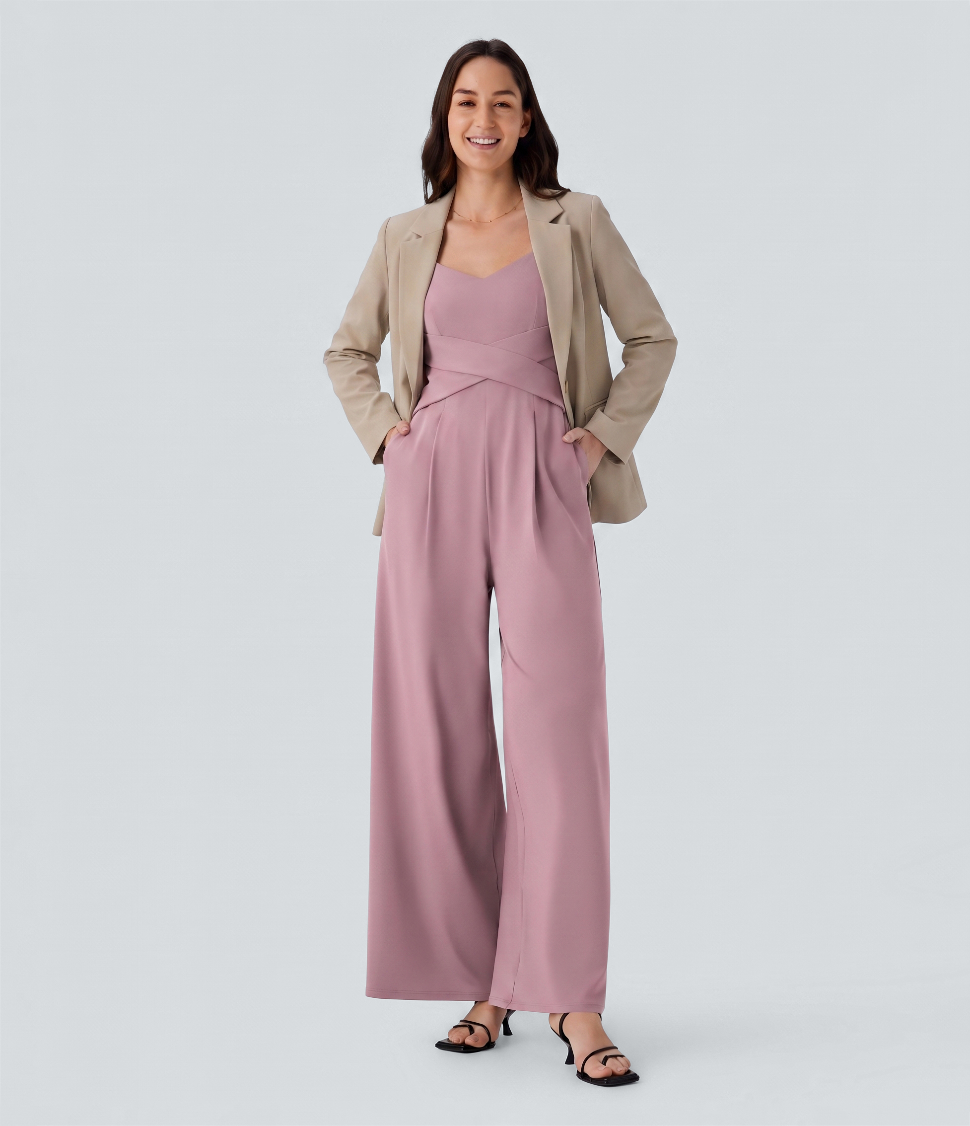 U Back Sleeveless Casual Work Jumpsuit with Pockets