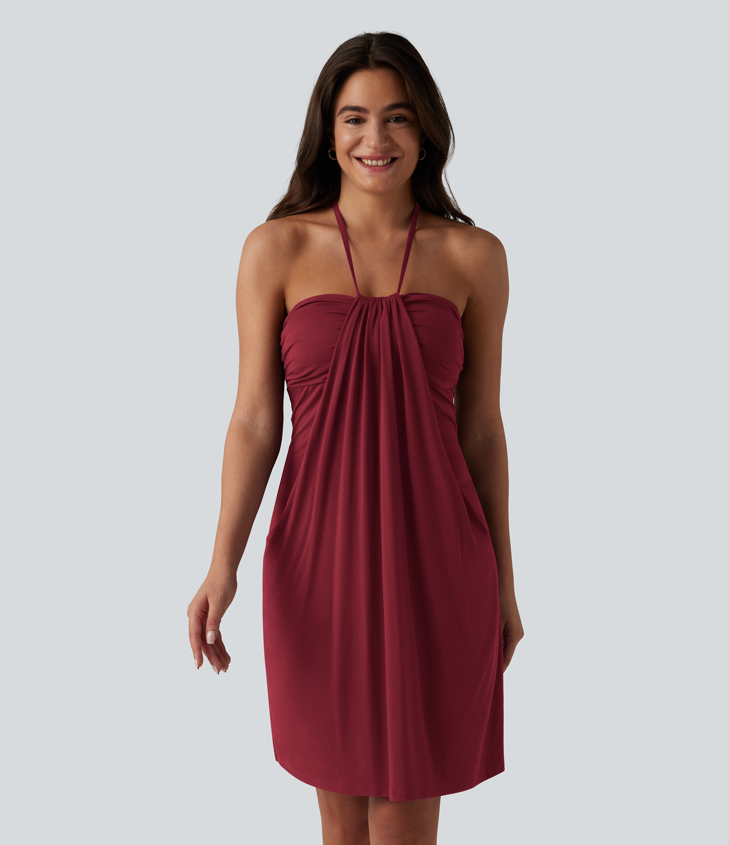 Halter Tie Back Built-in Bra Longer Mini Dress with Pockets