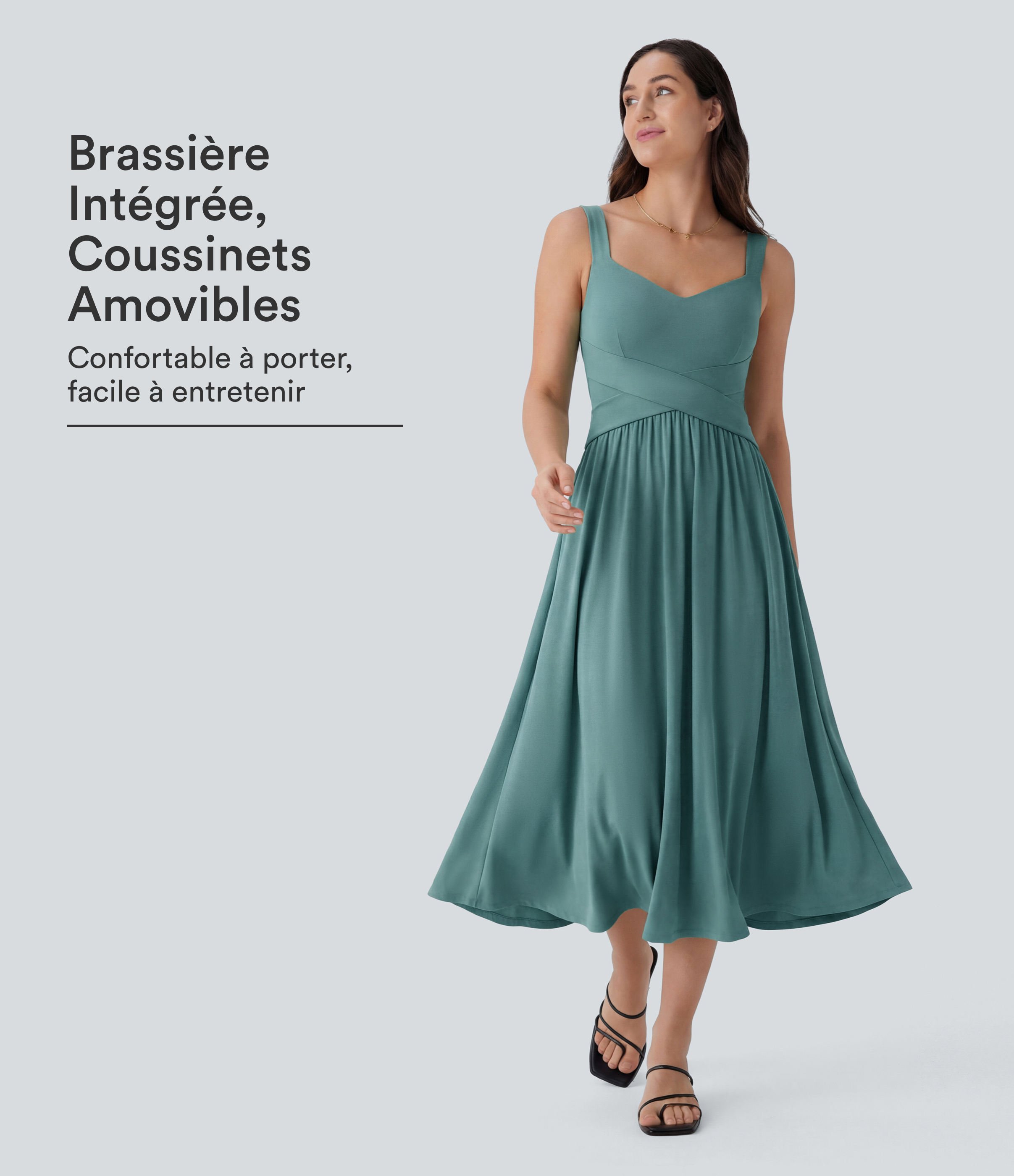 Robe décontractée midi fluide sans manches dos croisé ouvert avec poches