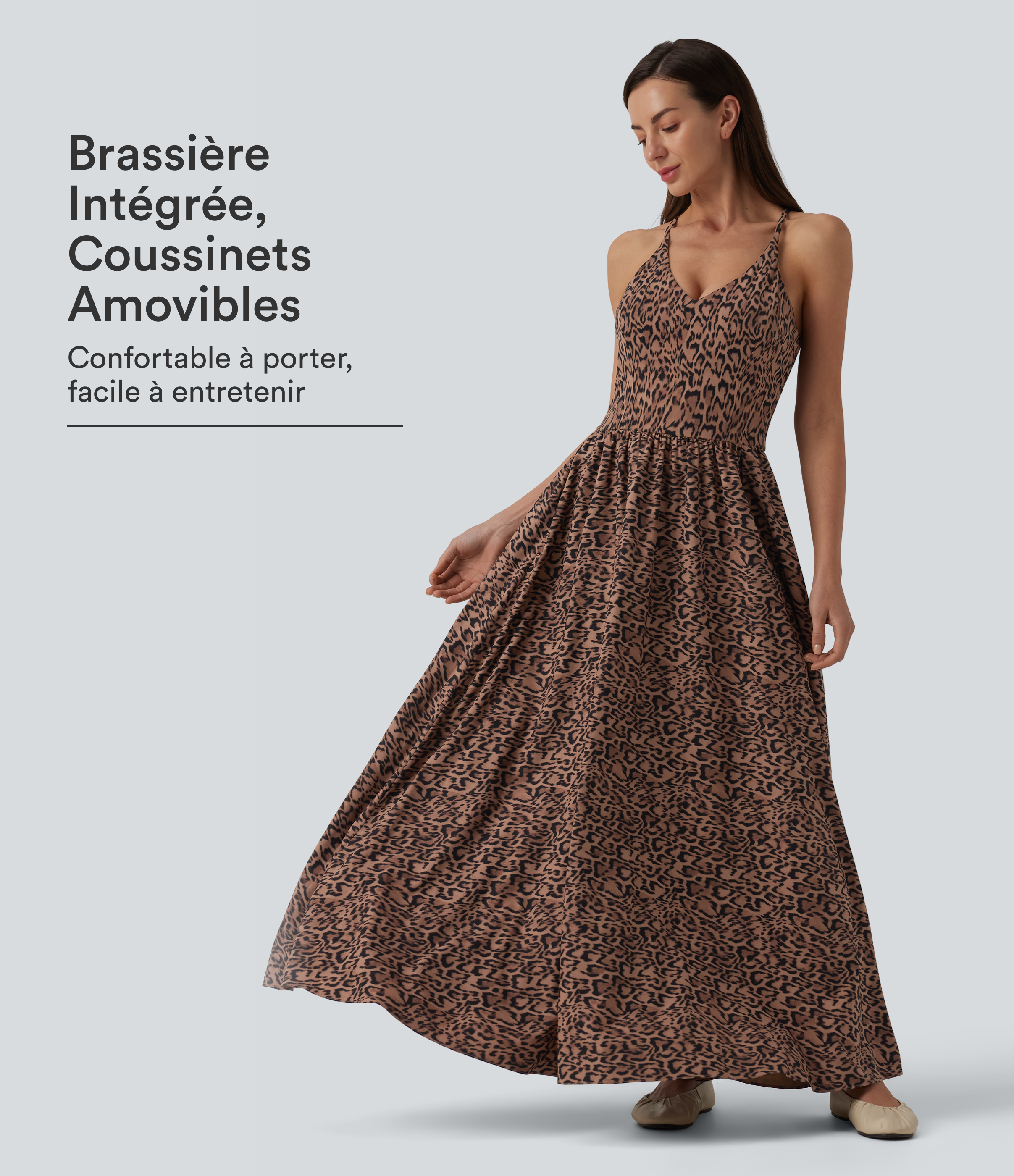 Robe léopard décontractée longue et fluide avec brassière intégrée et poches