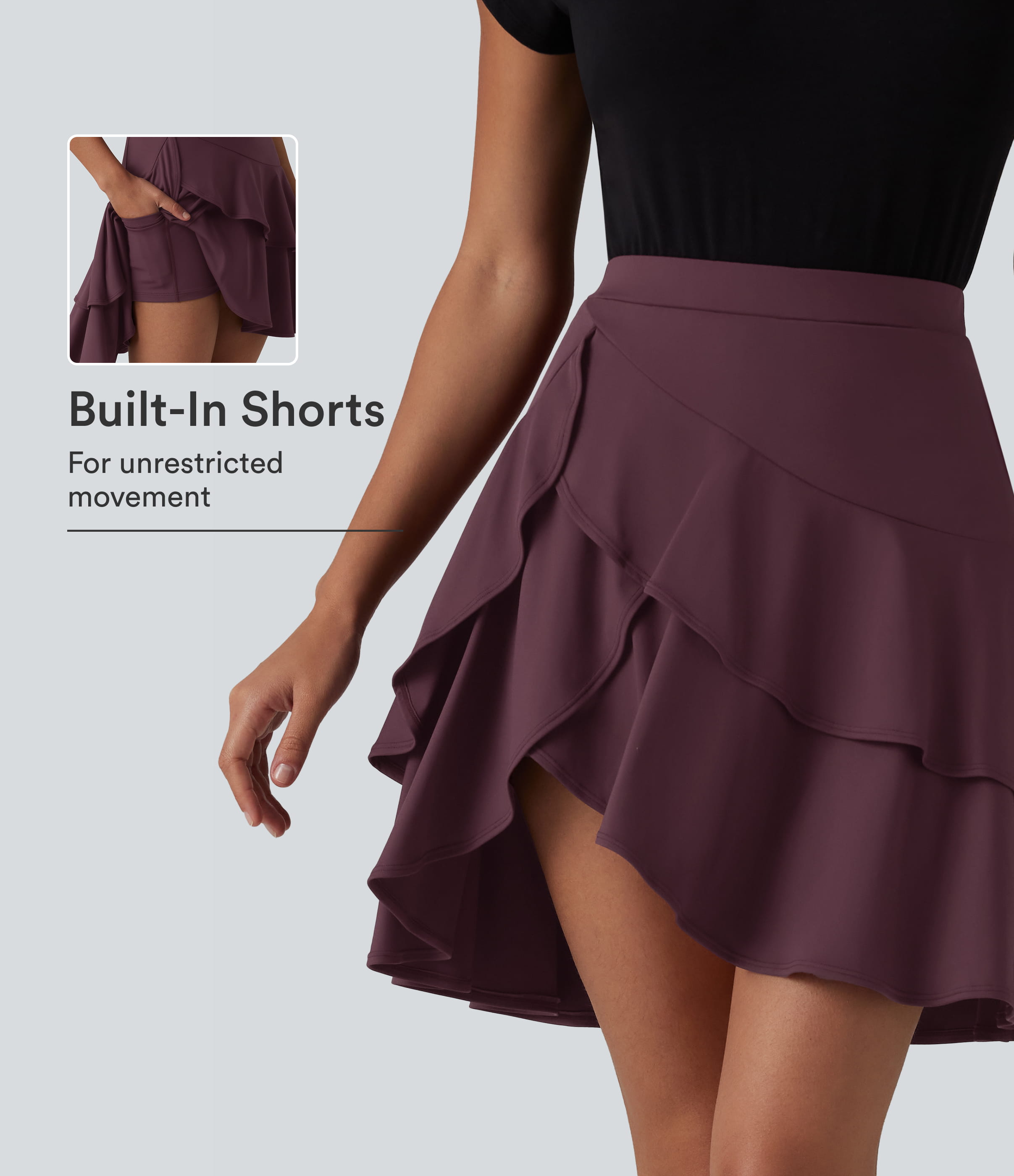 SoftlyZero™ Airy High Waisted Tiered Ruffle Hem 2-in-1 Cool Touch Longer Mini Casual Skirt with Pocket