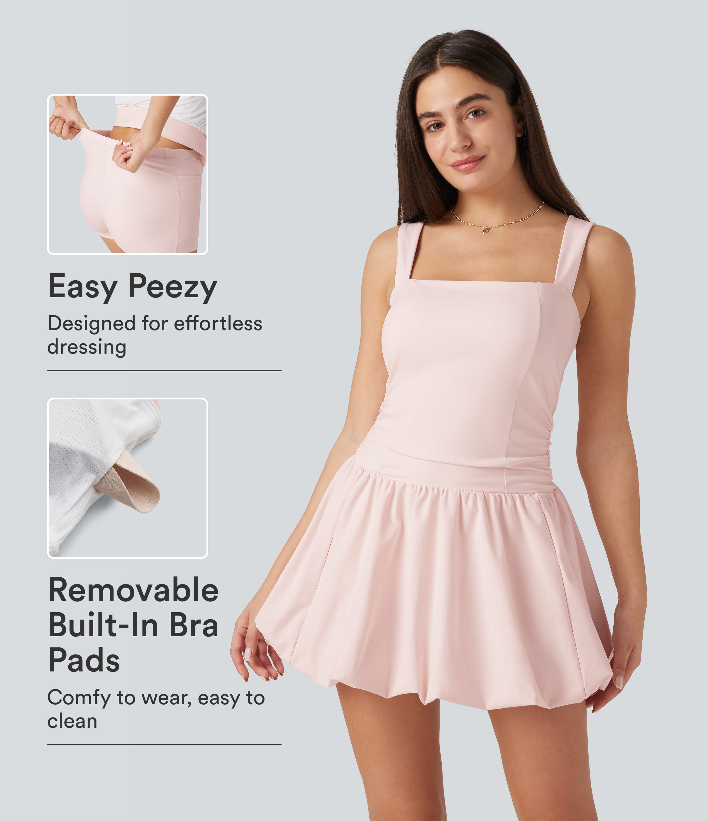 Square Neck Sleeveless Built-in Bra 2-in-1 Mini Dance Active Bubble Dress with Pockets-Easy Peezy Edition