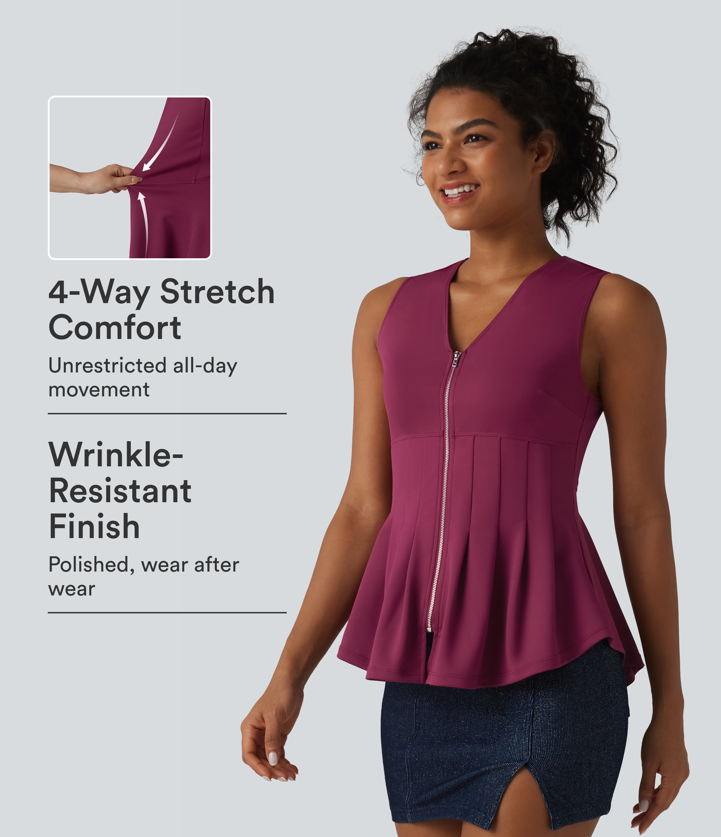 V Neck Zipper Crepe Casual Tank Top