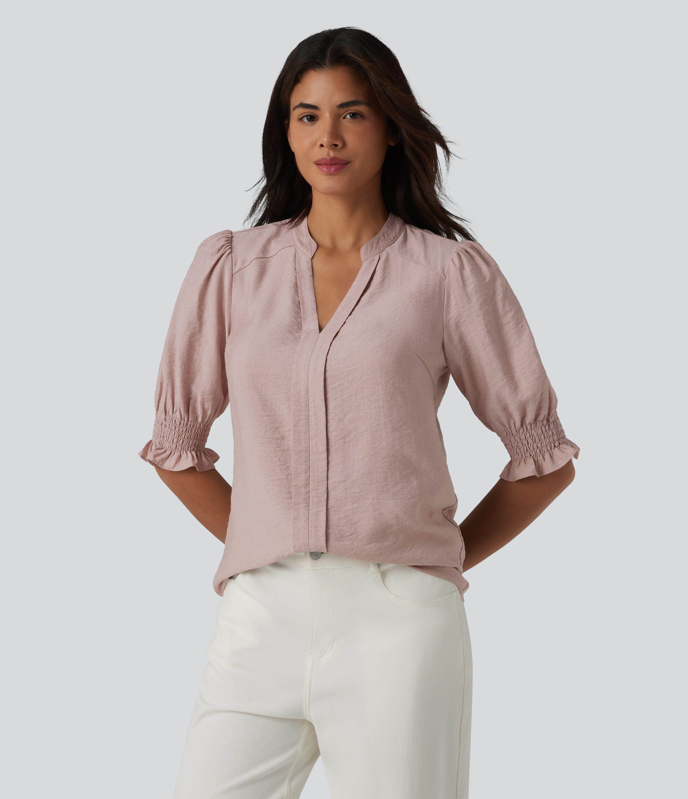 V Neck Puff Short Sleeve Casual Blouse