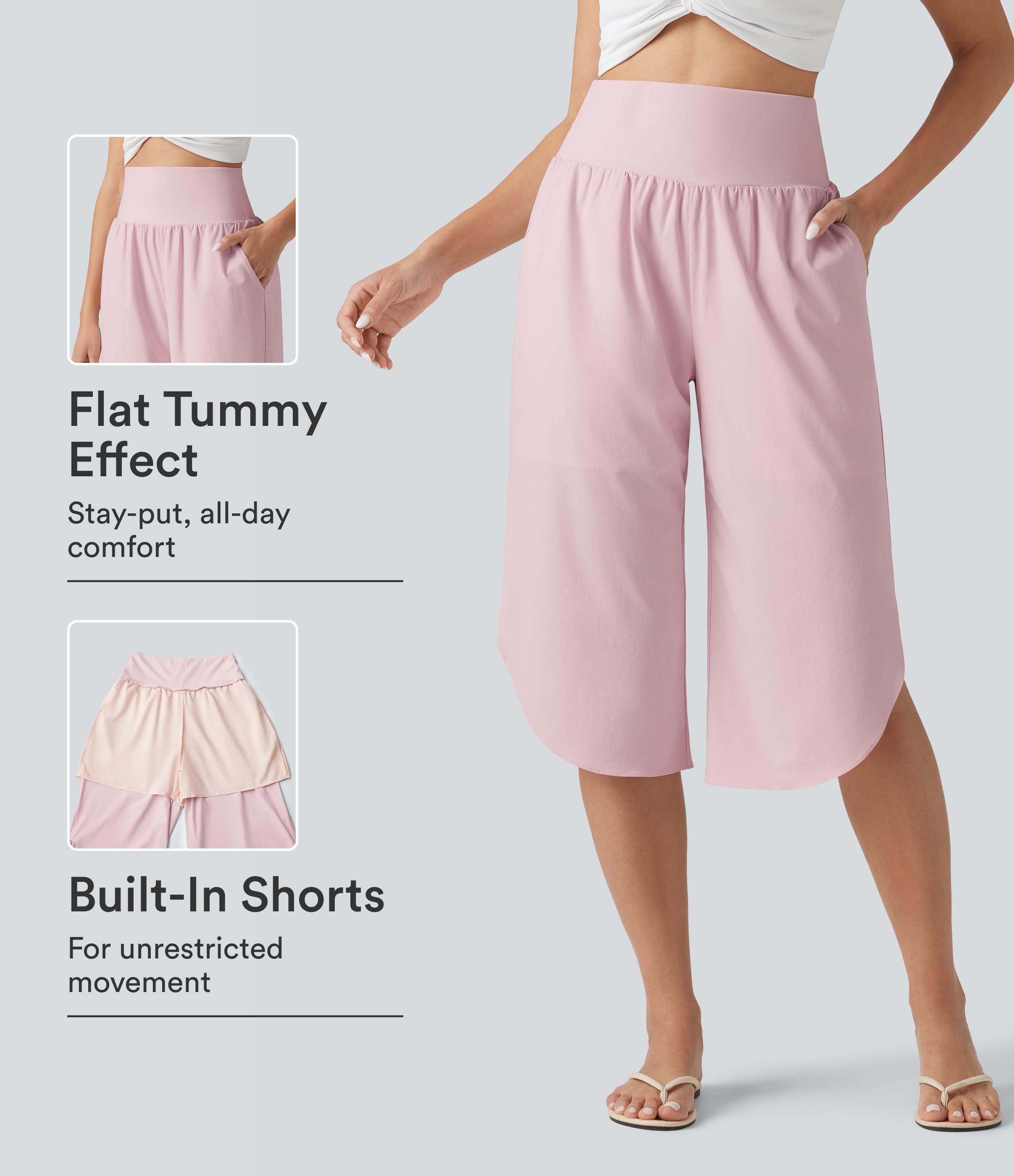 Breezeful™ High Waisted Tummy Control Curved Hem Quick Dry Capri Pants with Pockets