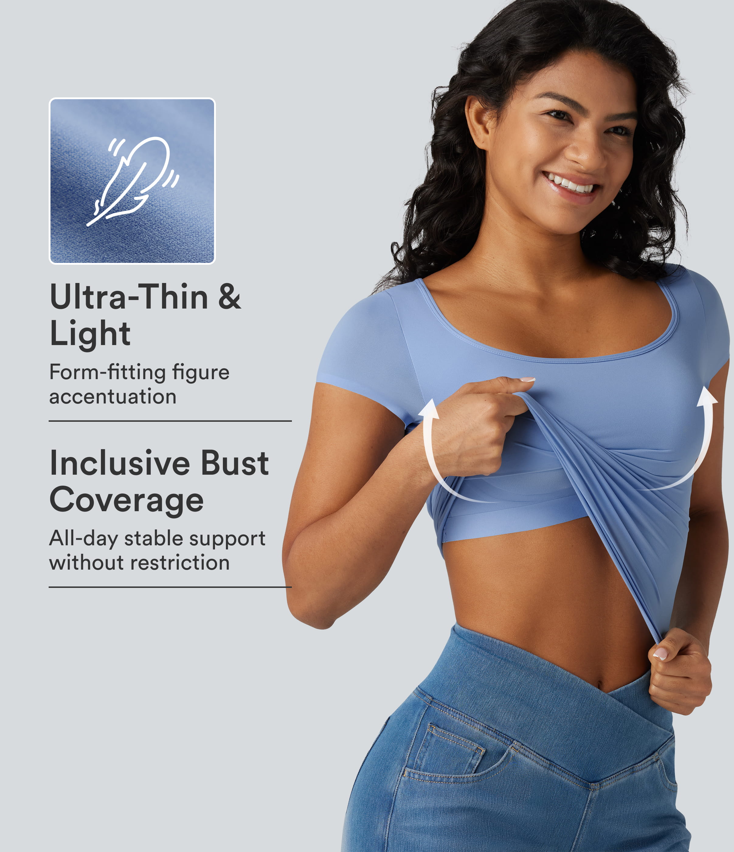 High Stretch Square Neck Built-in Bra Short Sleeve Casual T-Shirt B-DD Cups