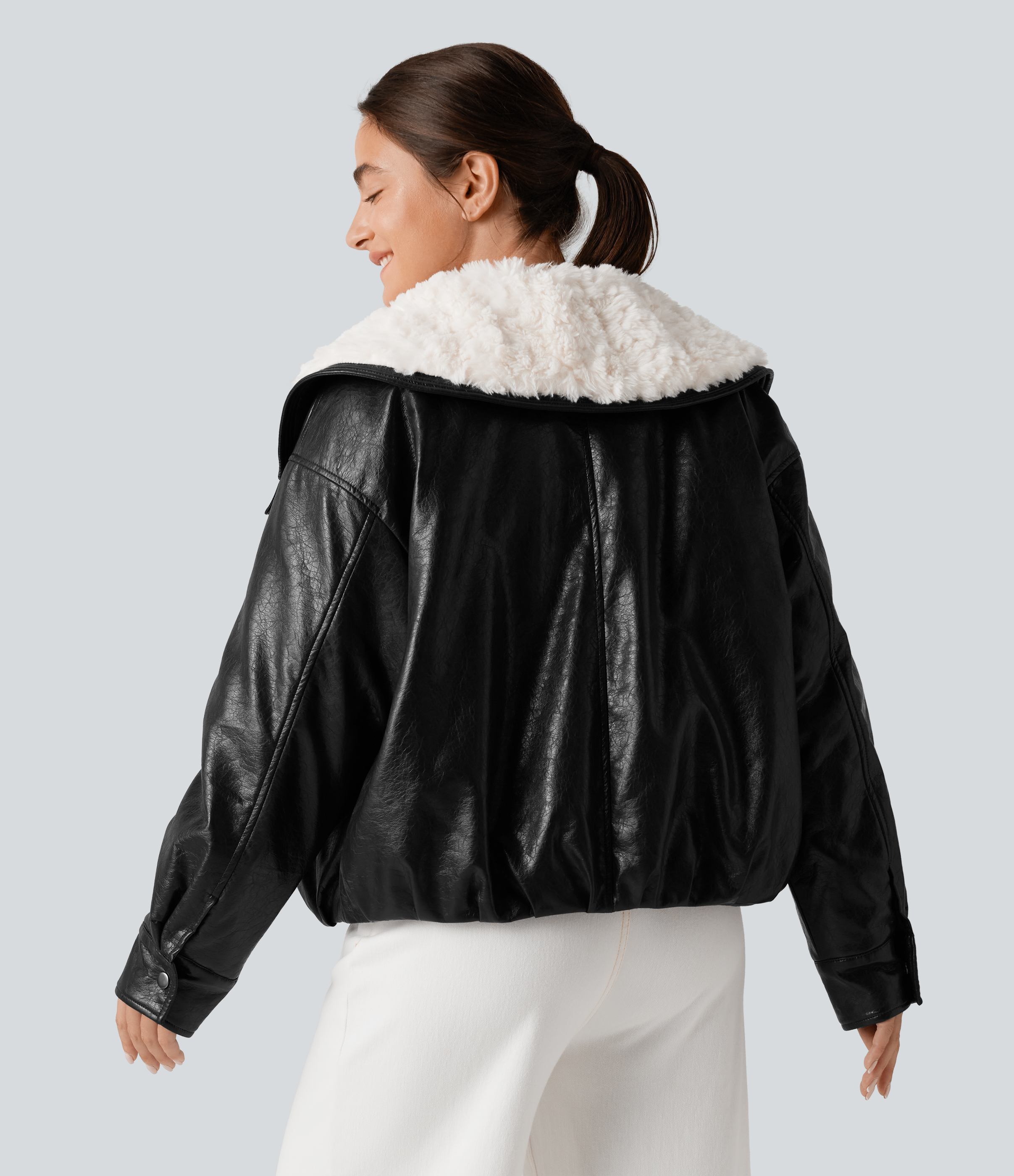 Black Faux Fur Collar Zip Fly Casual Faux Leather Jacket with Pockets / 2