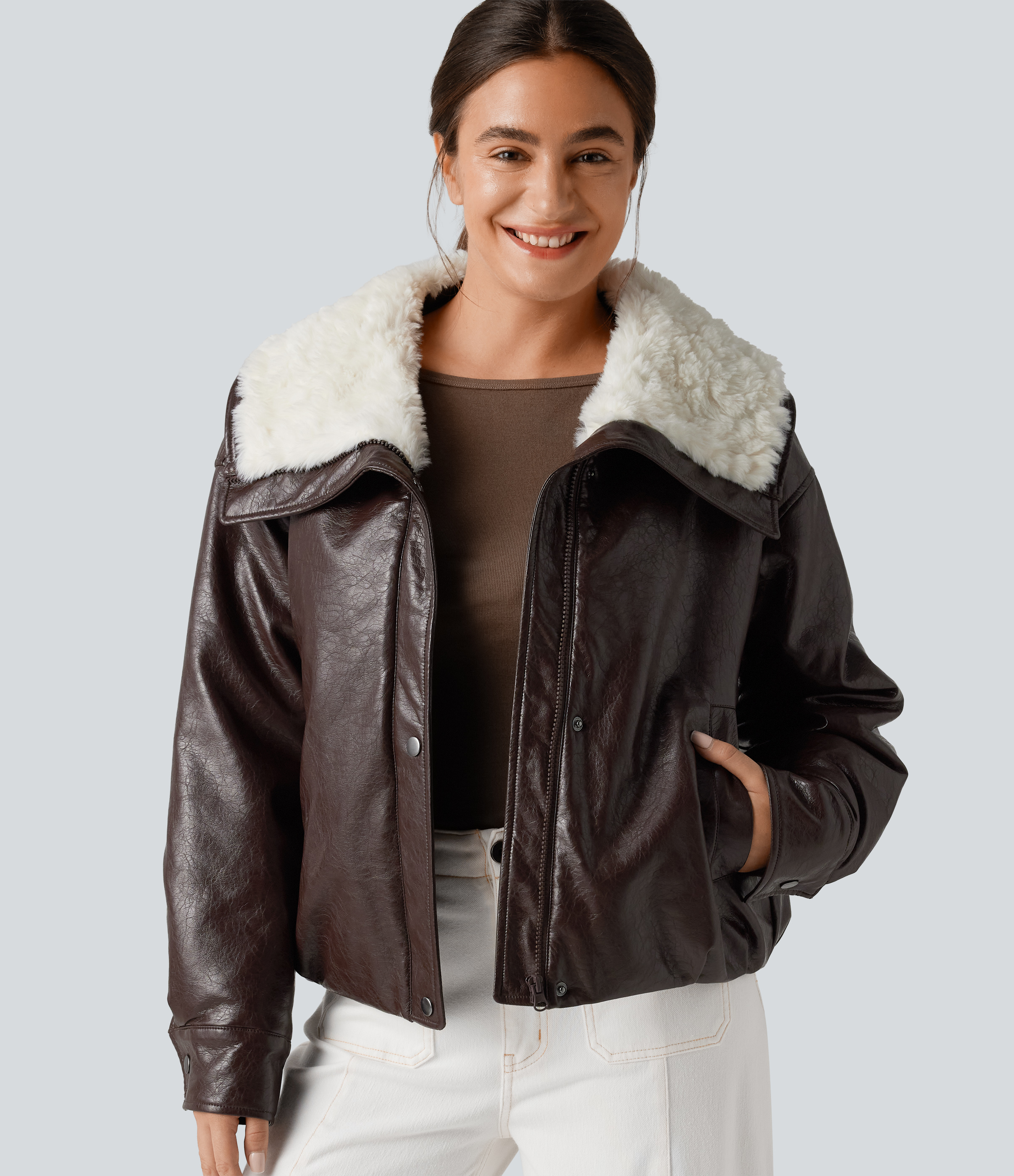 Faux Fur Collar Zip Fly Casual Faux Leather Jacket with Pockets