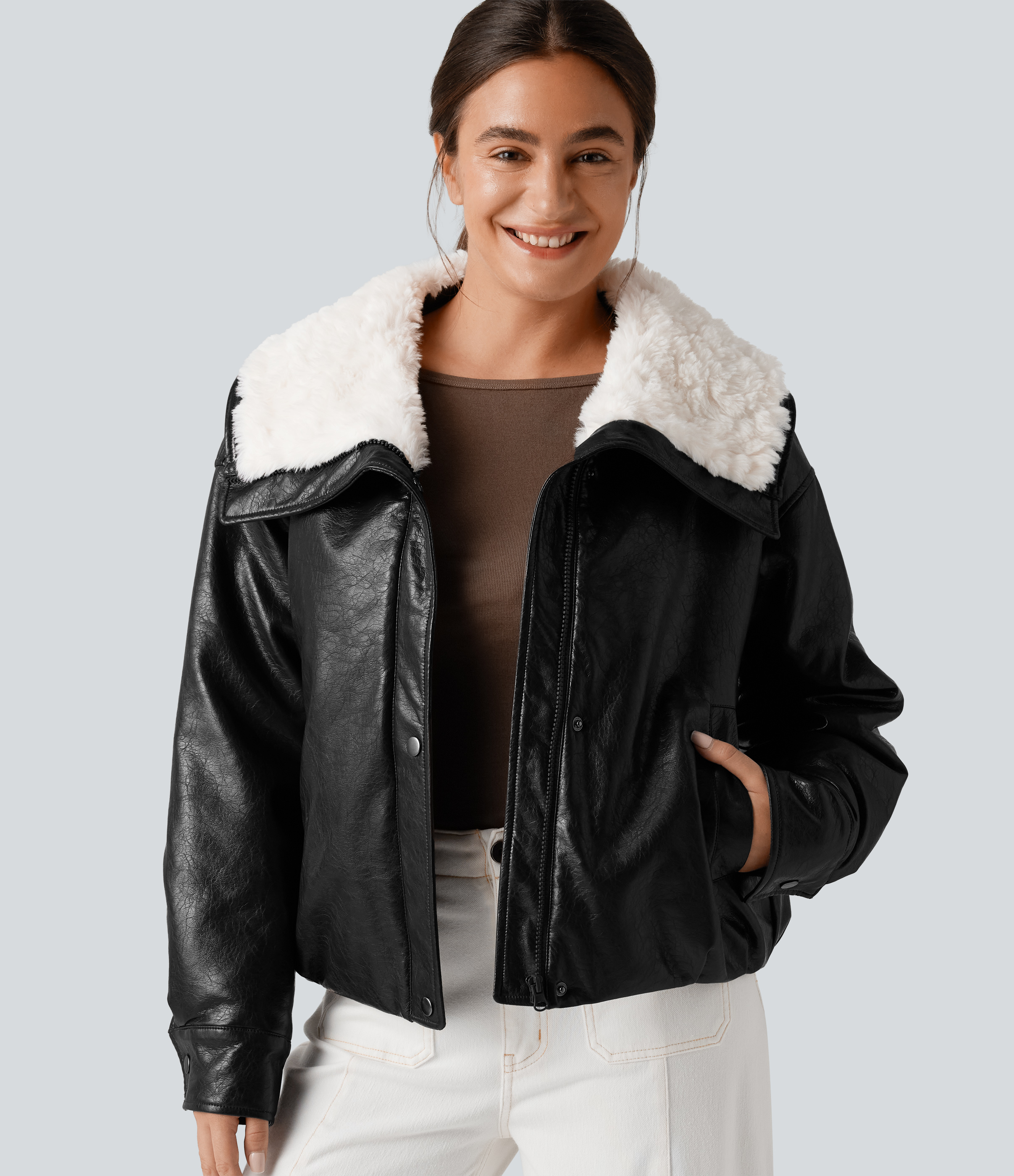 Faux Fur Collar Zip Fly Casual Faux Leather Jacket with Pockets