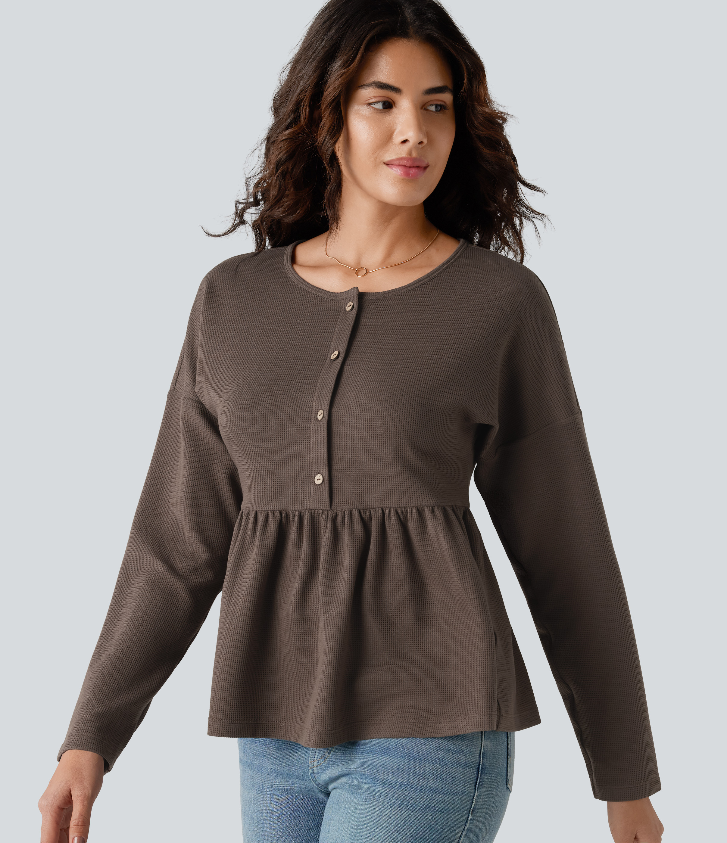 Henley Long Sleeve Waffle Casual Babydoll Top