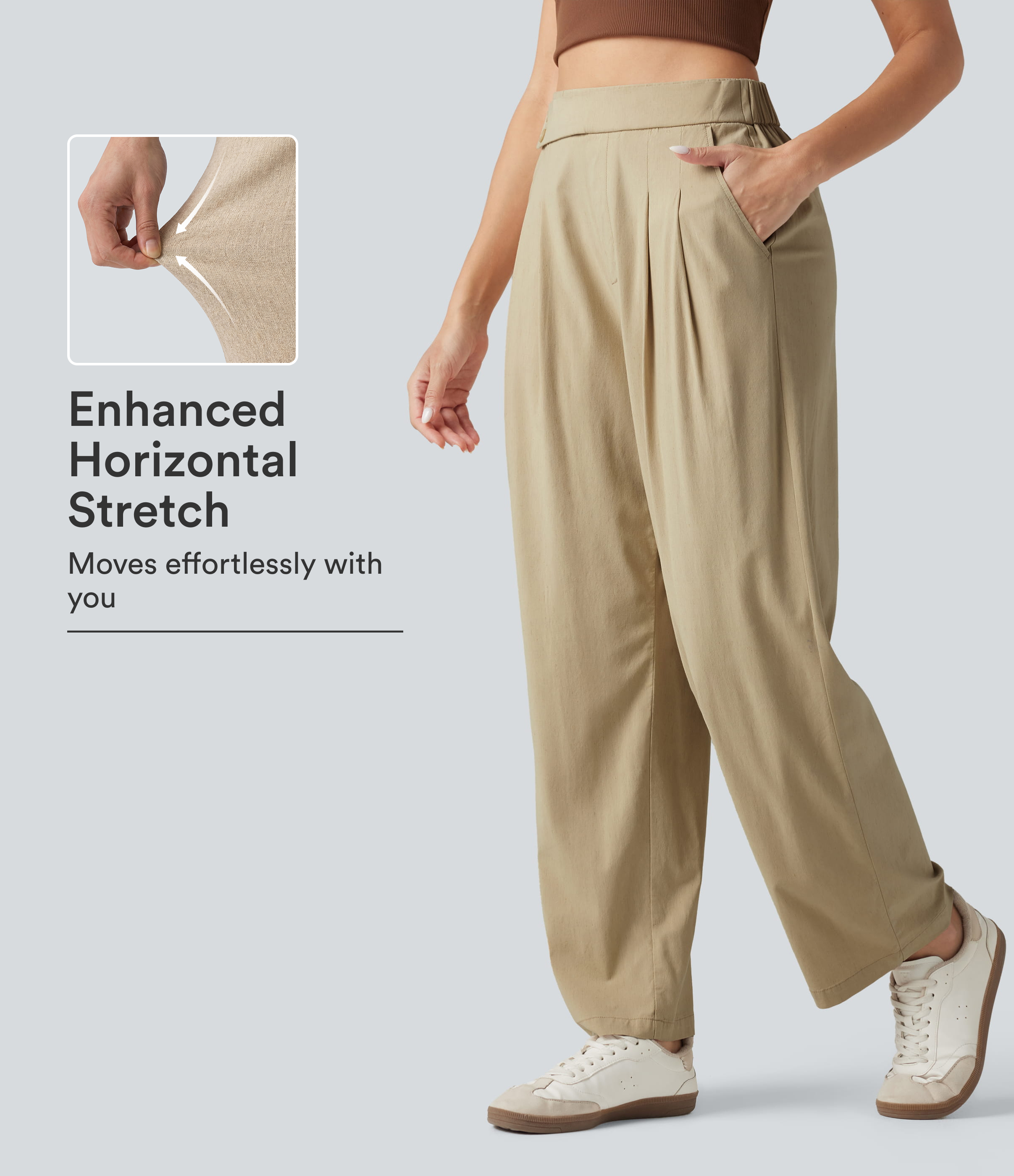 High Waisted Tapered Casual Stretch Linen Pants with Pockets