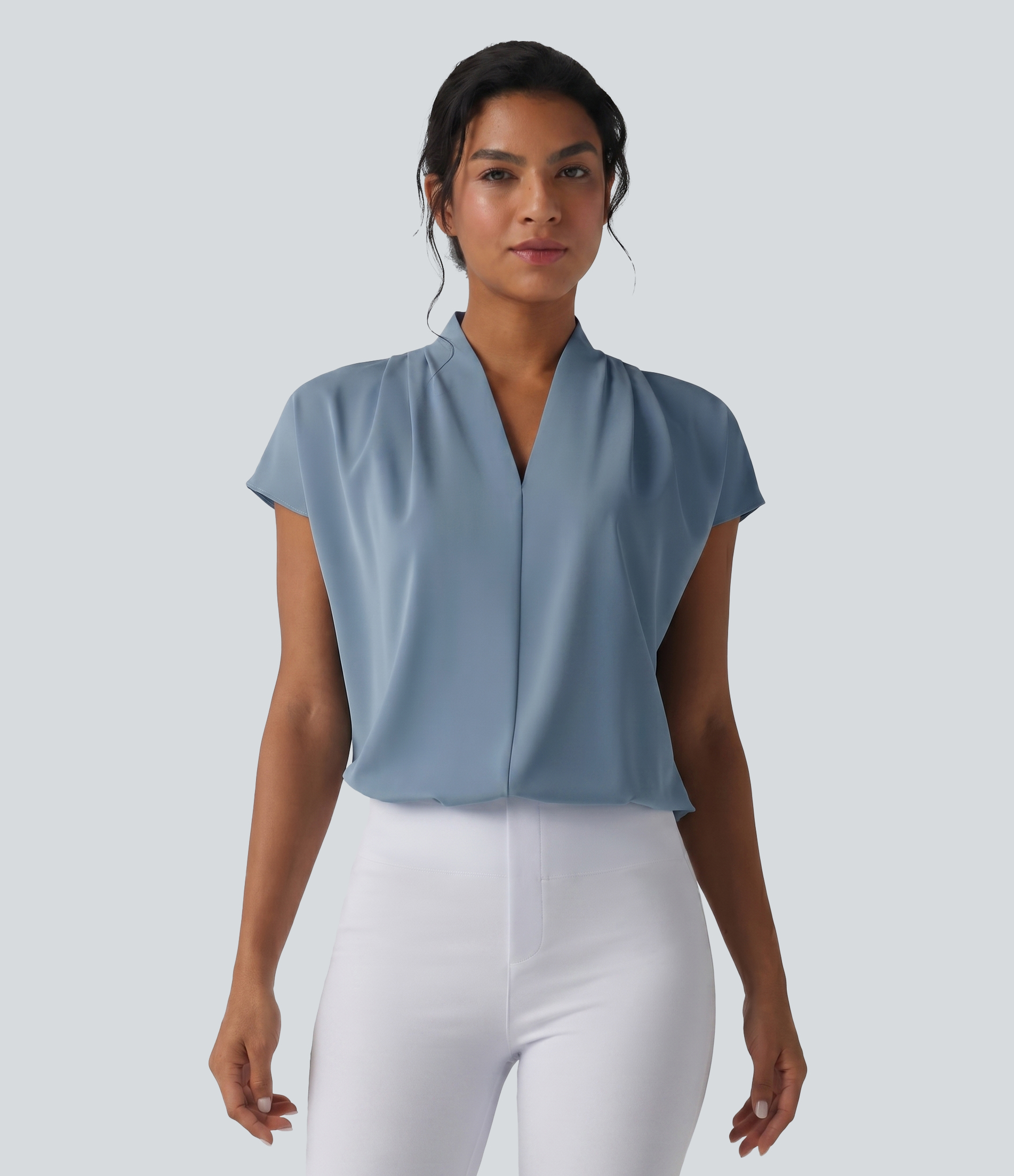 Wrinkle-resistant V-neck Batwing Sleeve Loose Fit Work Blouse