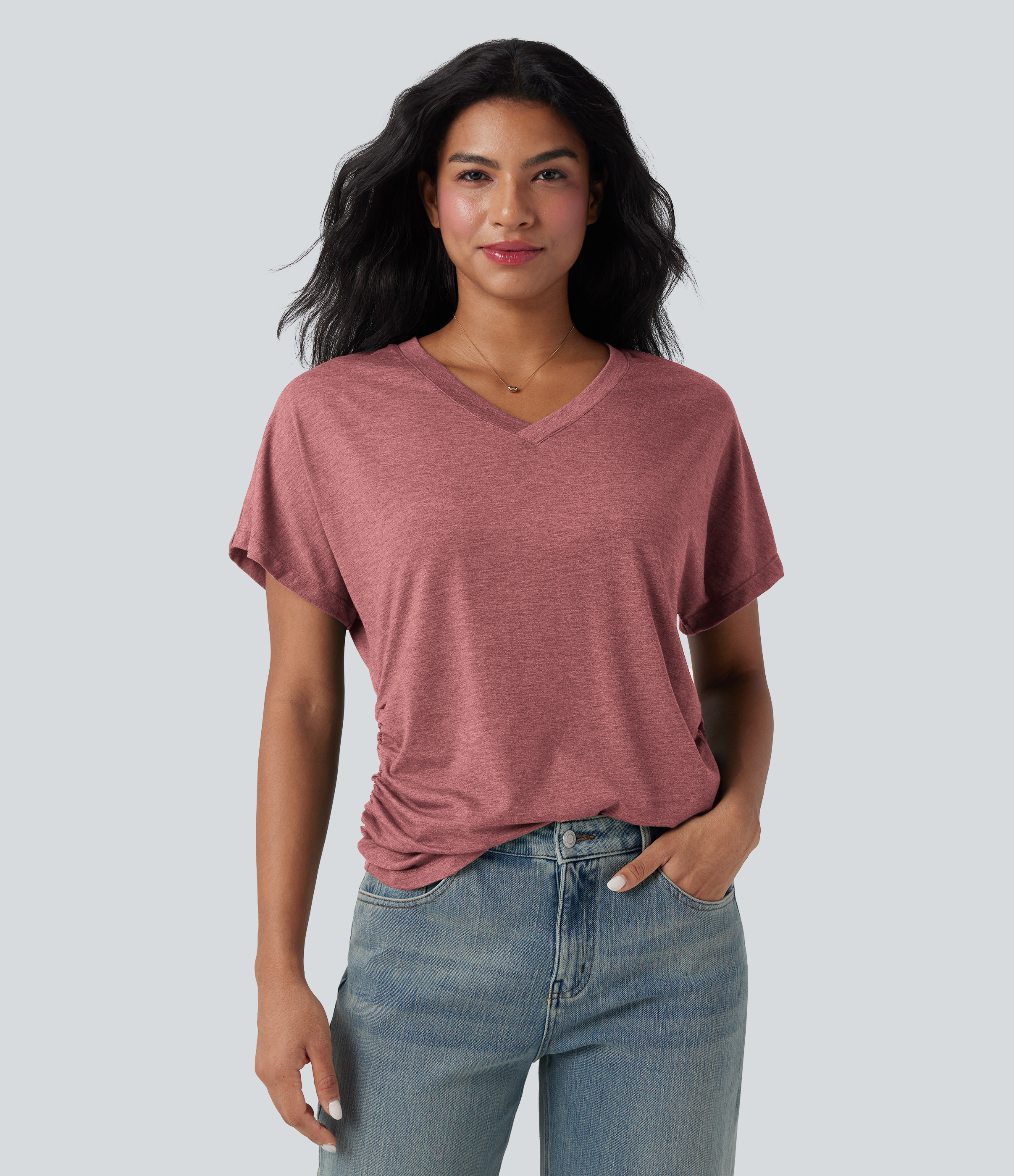 V-neck Short Sleeve Ruched Relaxed Casual Top