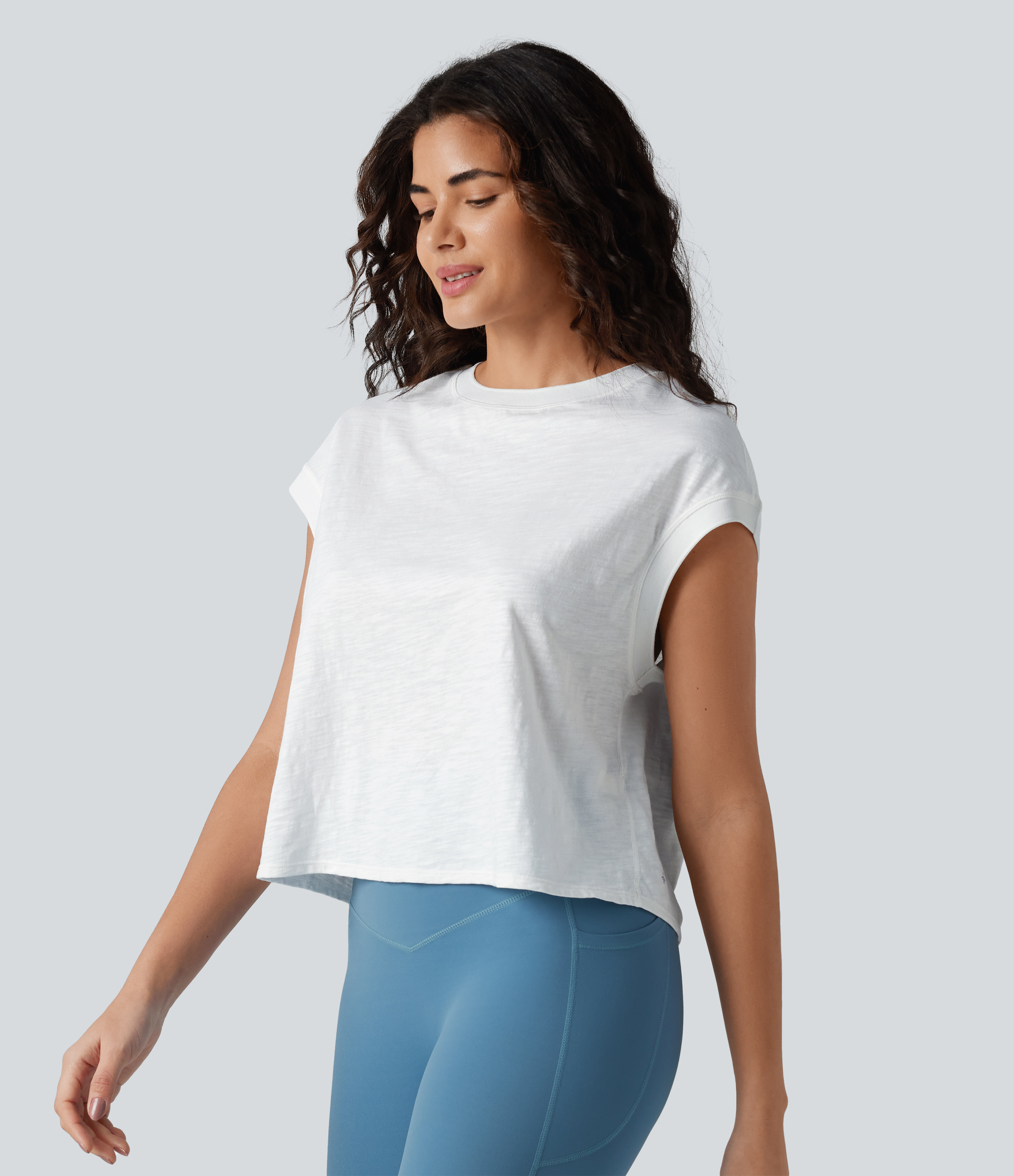 Round Neck Short Sleeve Relaxed Yoga Slubbed Cotton Sports Top