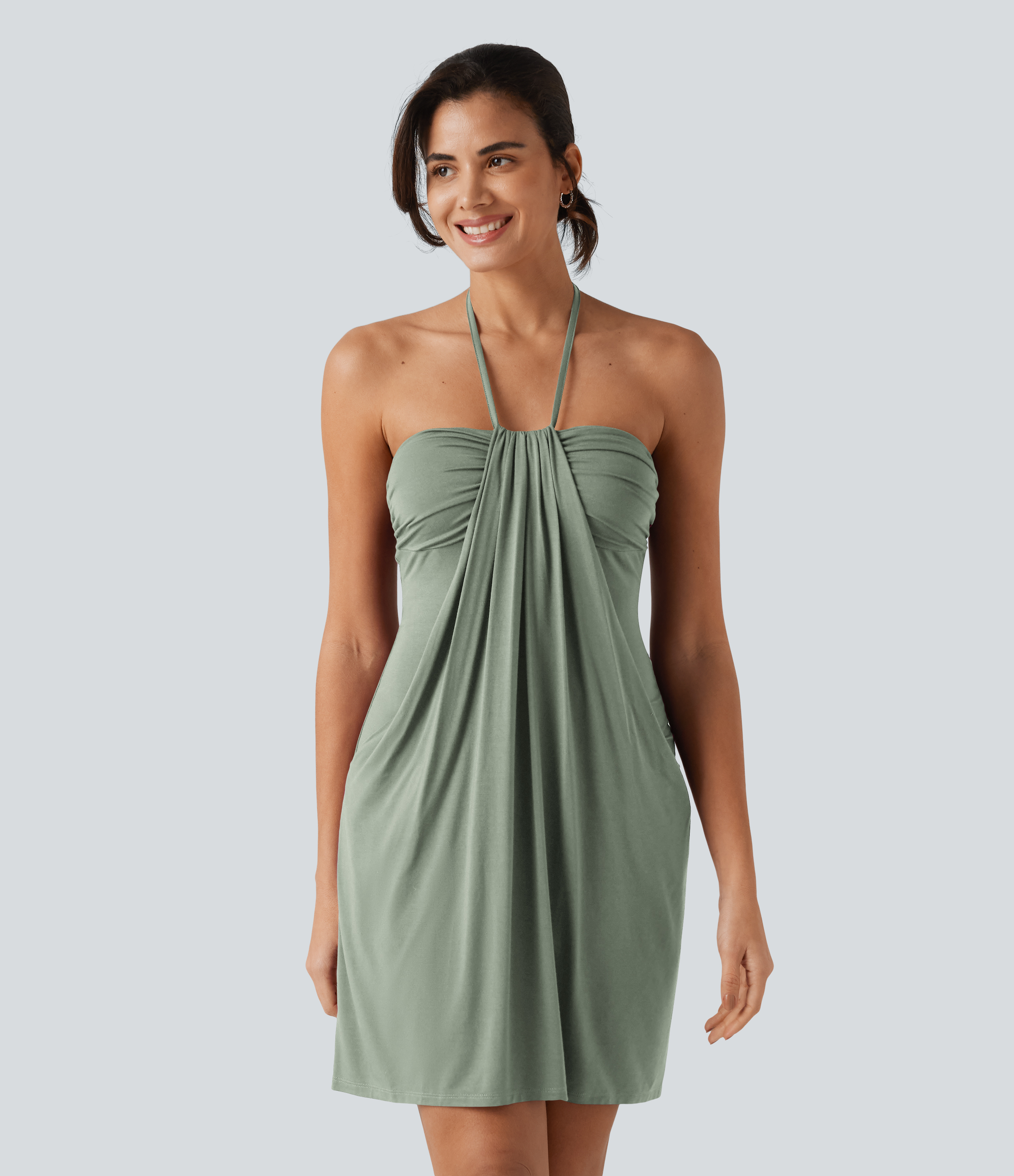 Halter Tie Back Mini Resort Dress with Pockets