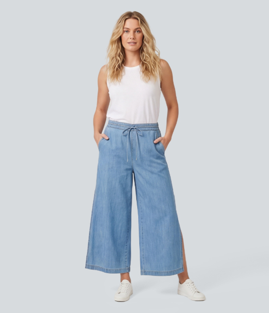 Mid Rise Drawstring Baggy Casual Jeans with Pockets
