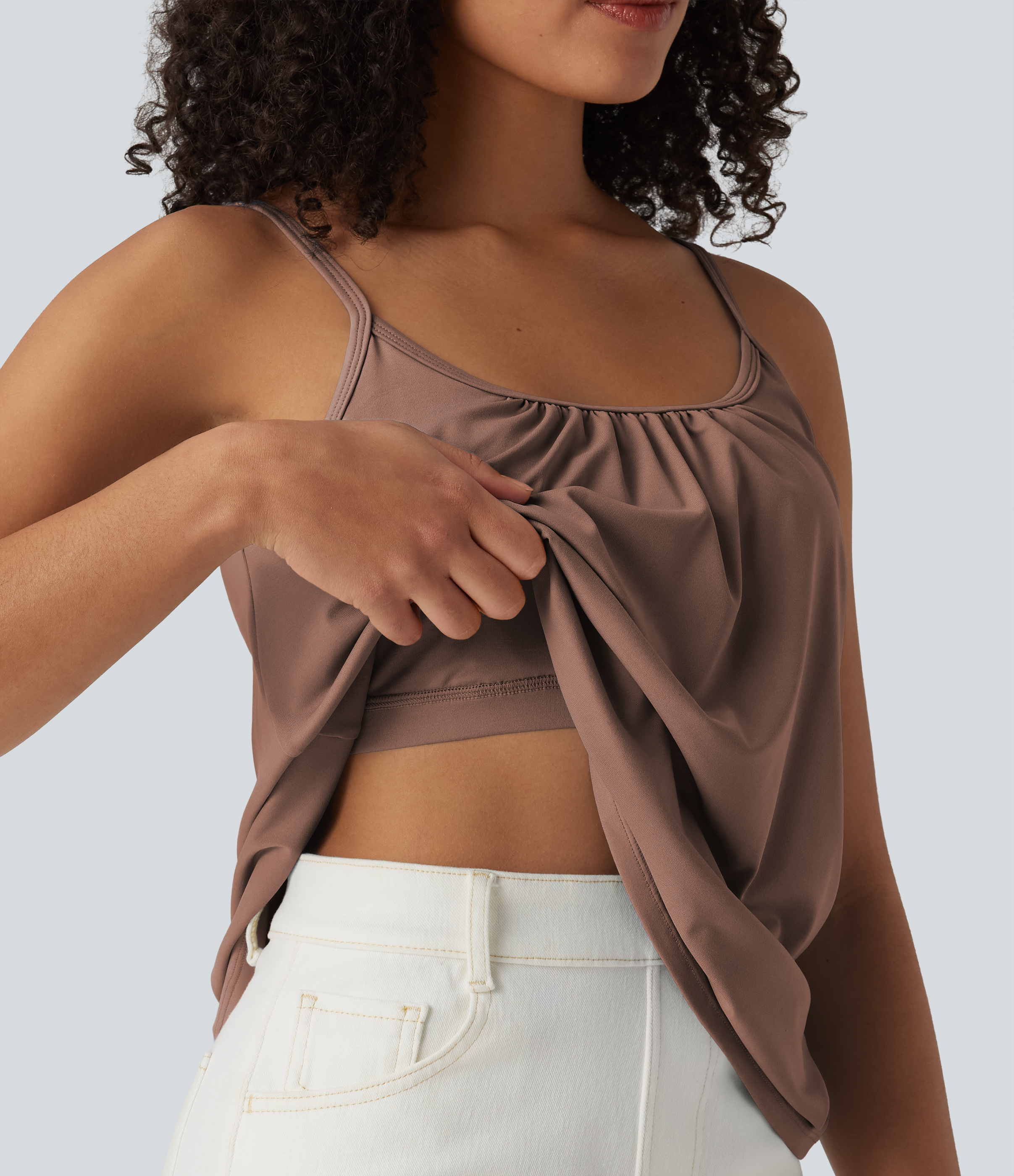 Top caraco décontracté 2-en-1 à bretelles réglables, froncé, avec soutien-gorge intégré