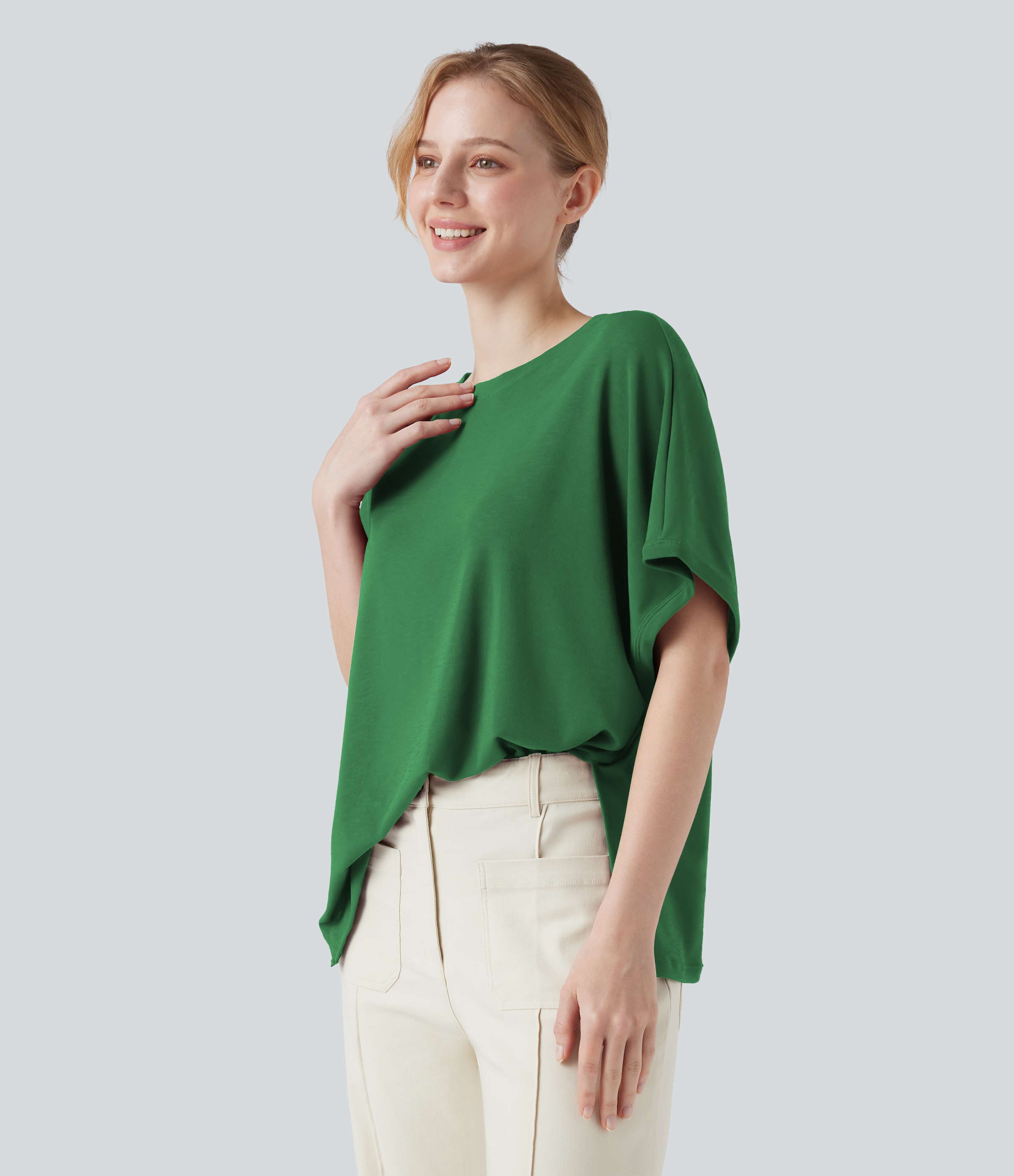 Round Neck Batwing Sleeve Relaxed Casual T-Shirt
