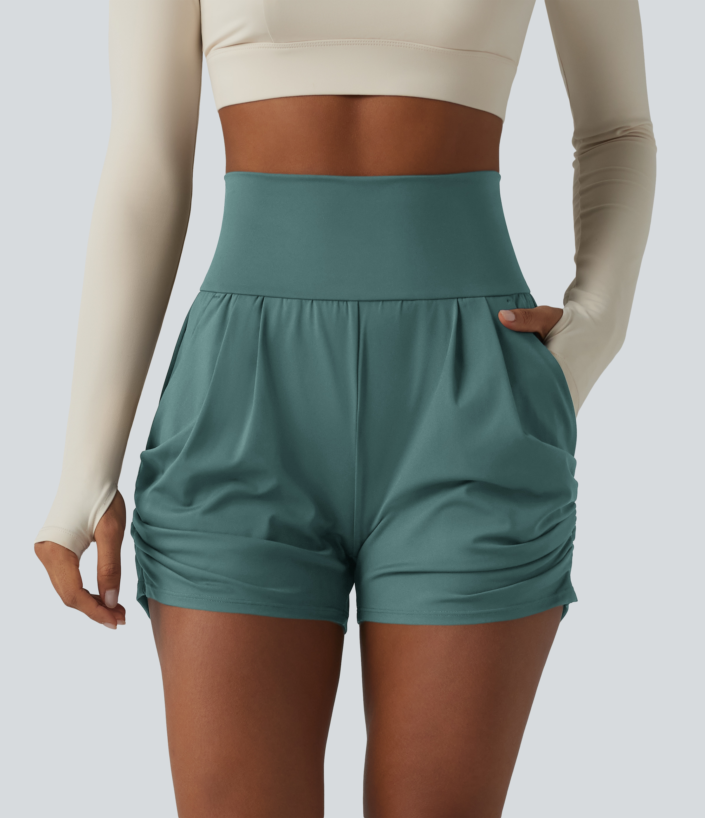 SoftlyZero™ Airy High Waisted Ruched Cool Touch Yoga Shorts 3'' with Pockets