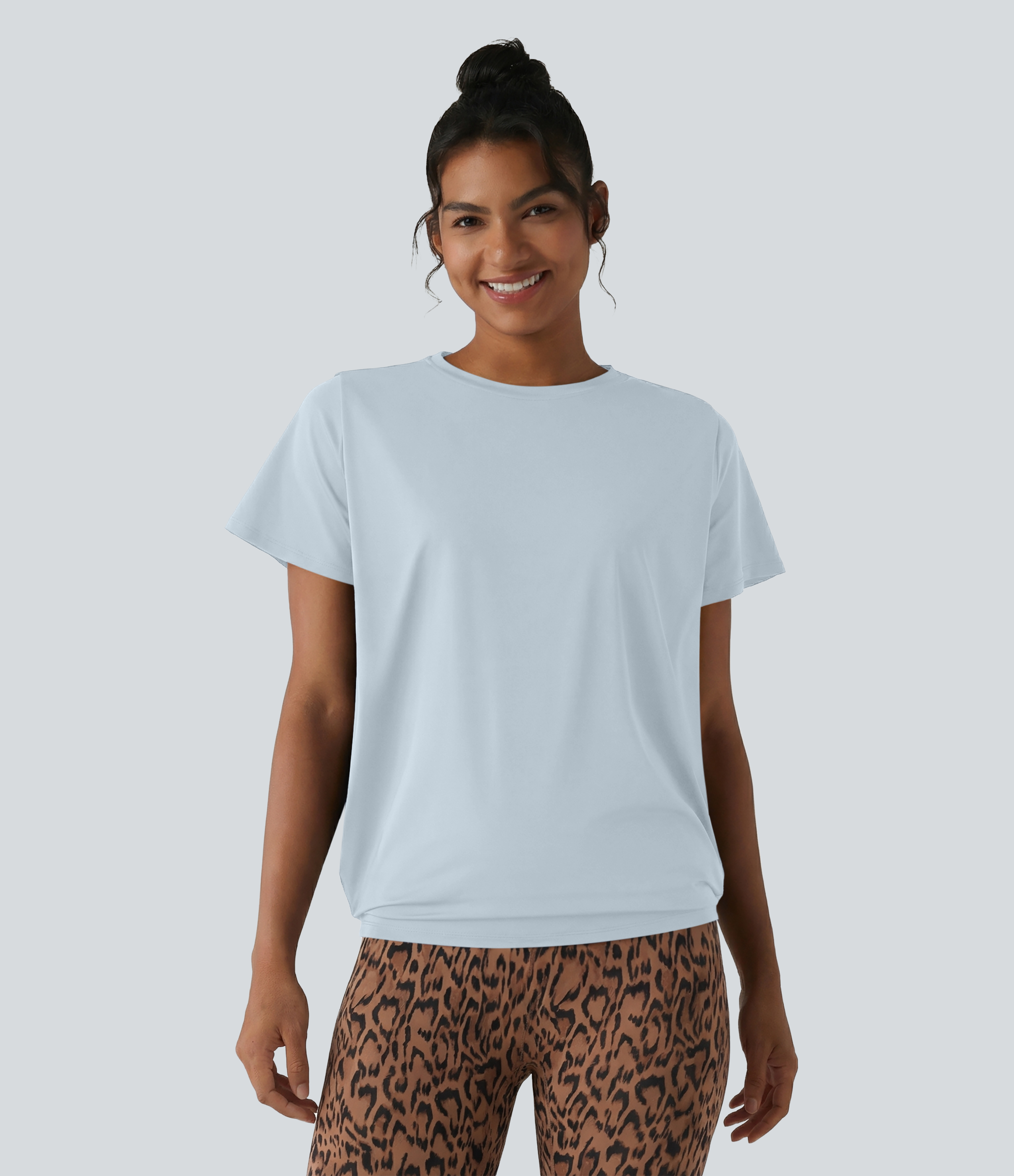 Round Neck Short Sleeve Ruched Cool Touch Yoga Sports Top-UPF50+