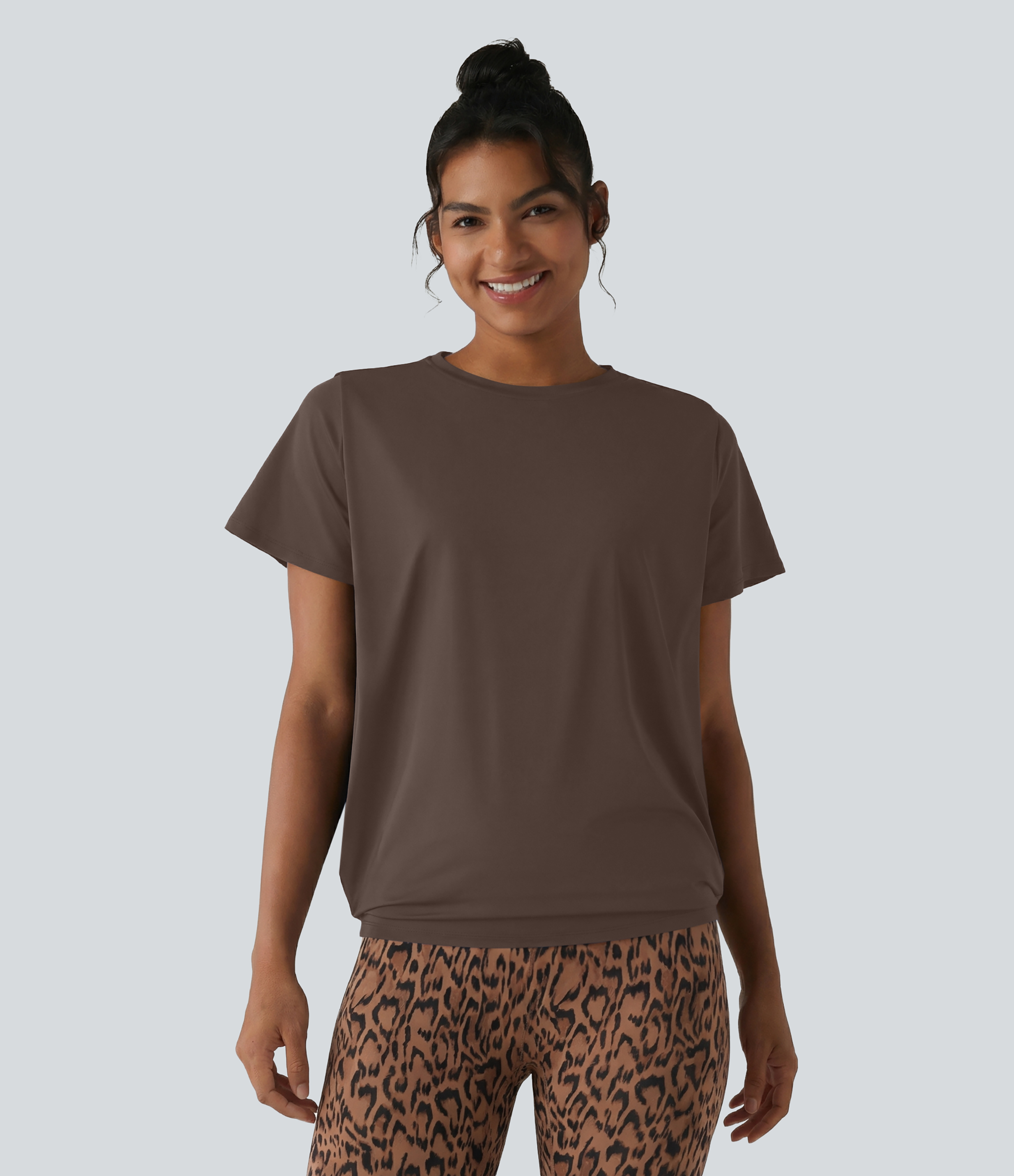 Round Neck Short Sleeve Ruched Cool Touch Yoga Sports Top-UPF50+