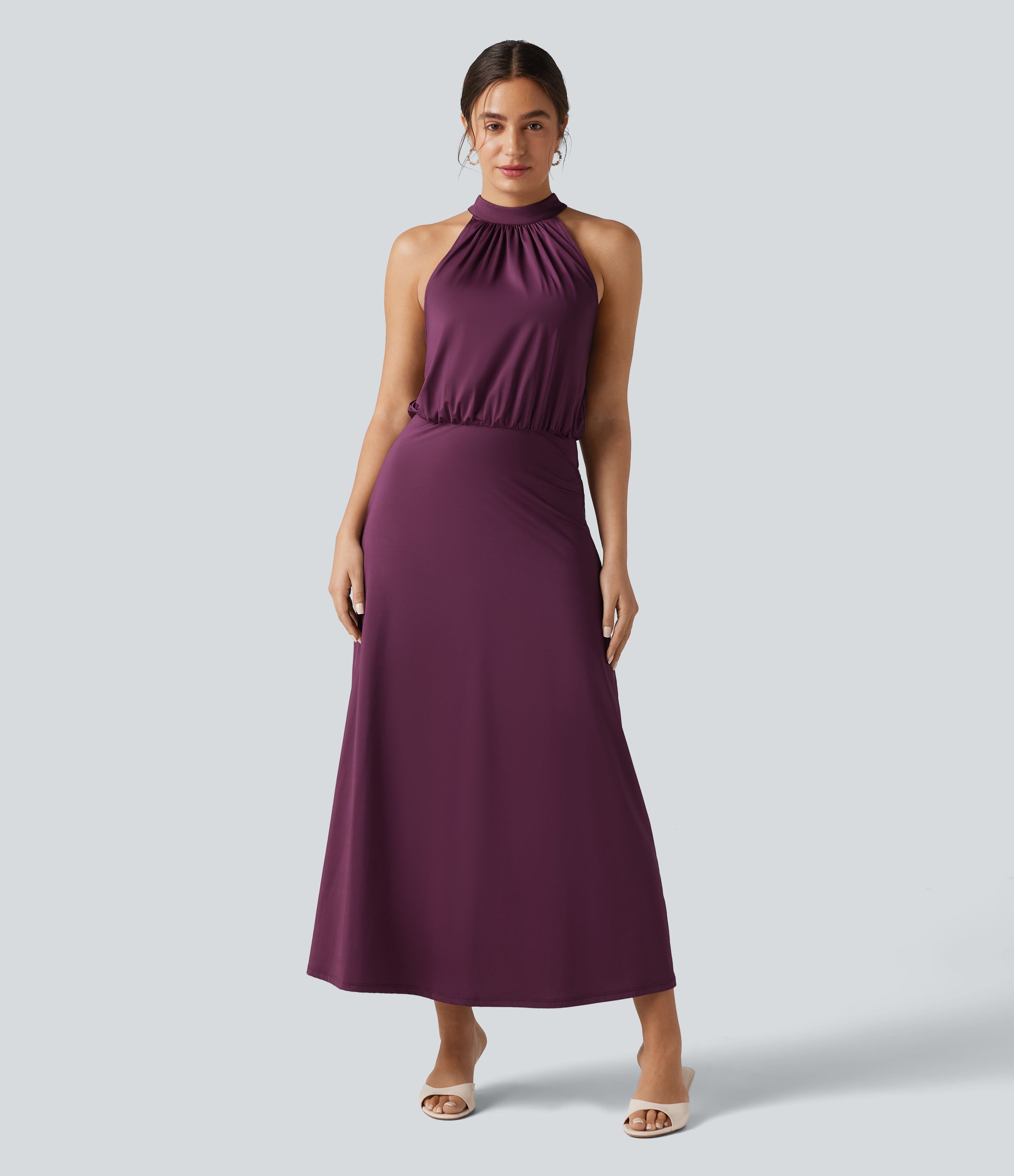 Mock Neck Sleeveless Keyhole Back Stretchy Satin-Like Cool Touch Midi Dress