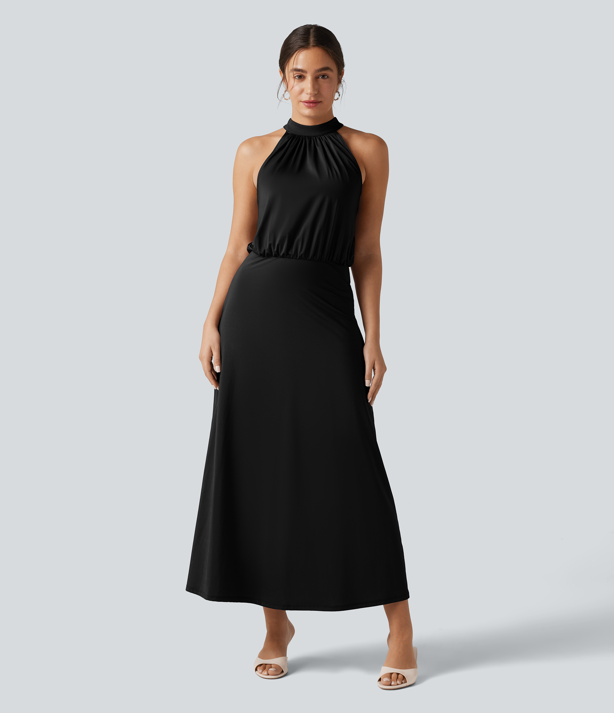Mock Neck Sleeveless Keyhole Back Stretchy Satin-Like InstantCool Midi Dress