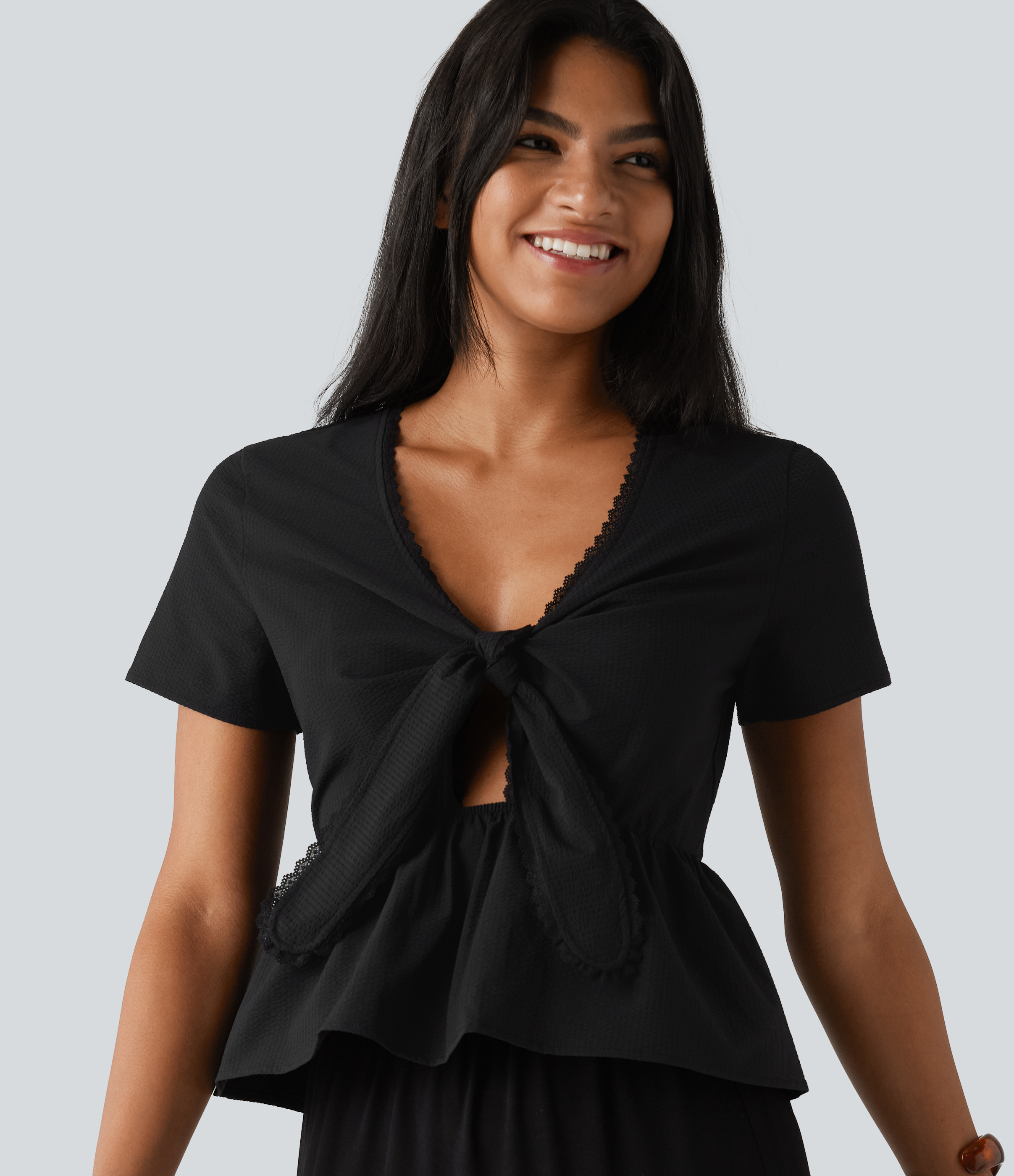 V Neck Tie Front Short Sleeve Quick Dry Top