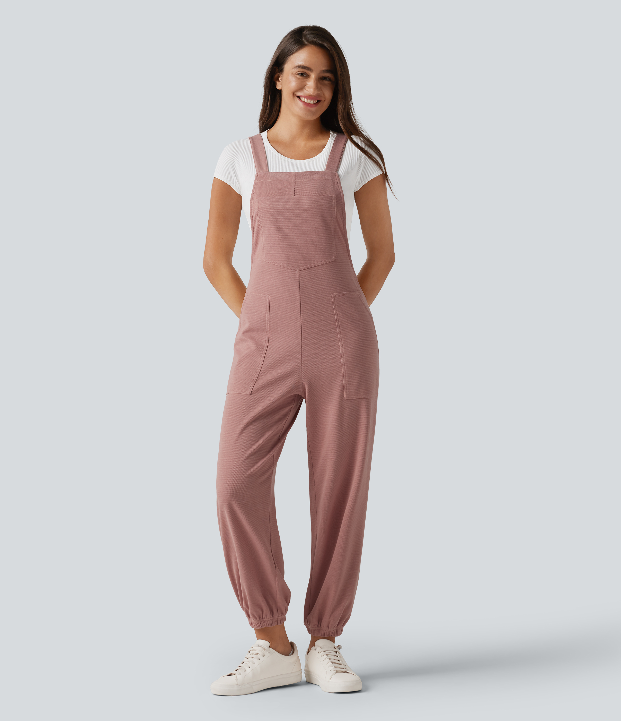 Square Neck Waffle Casual Tapered Overalls with Pockets