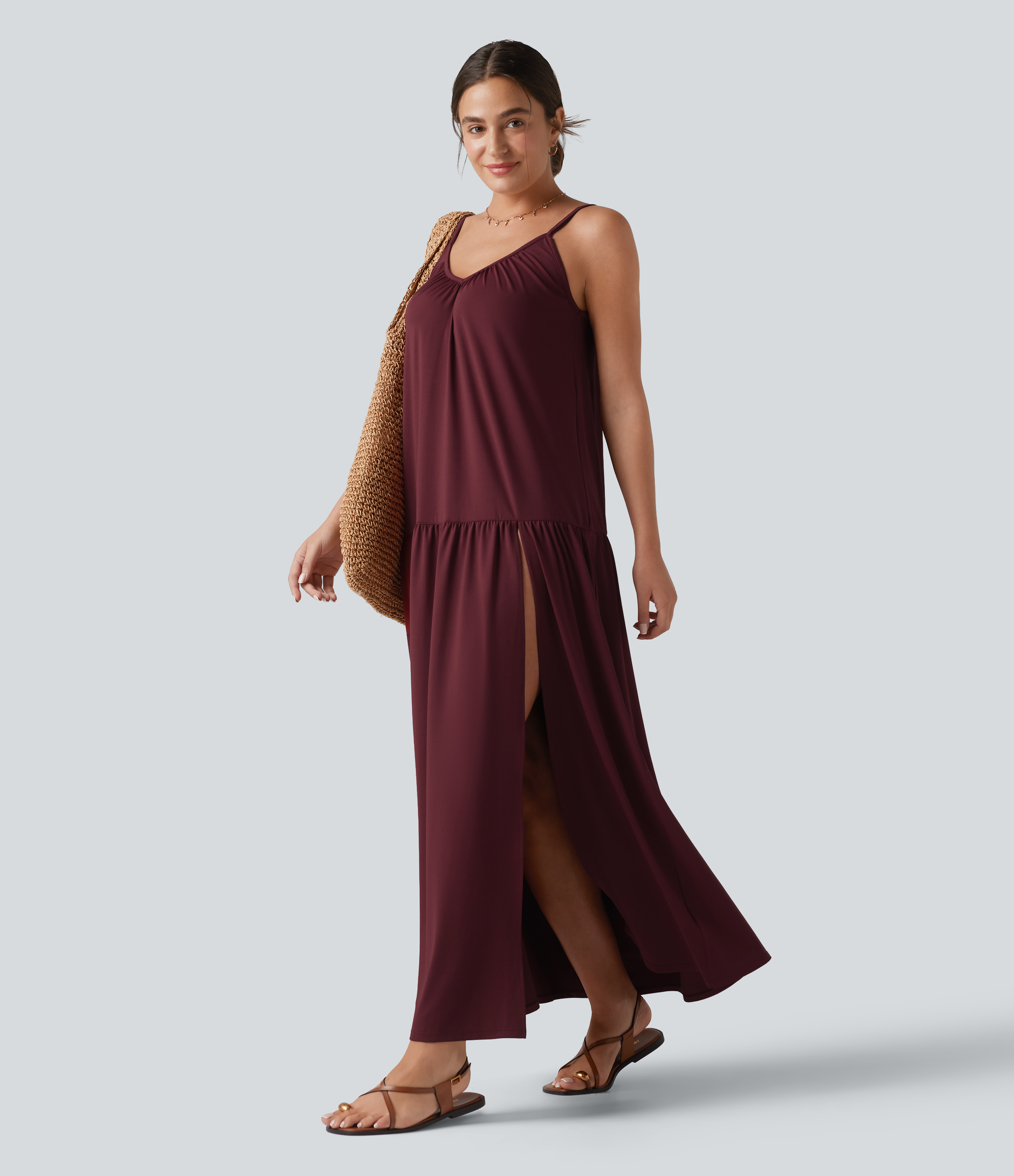Burgundy V-neck Split Hem Maxi Flowy Resort Slip Dress / 2